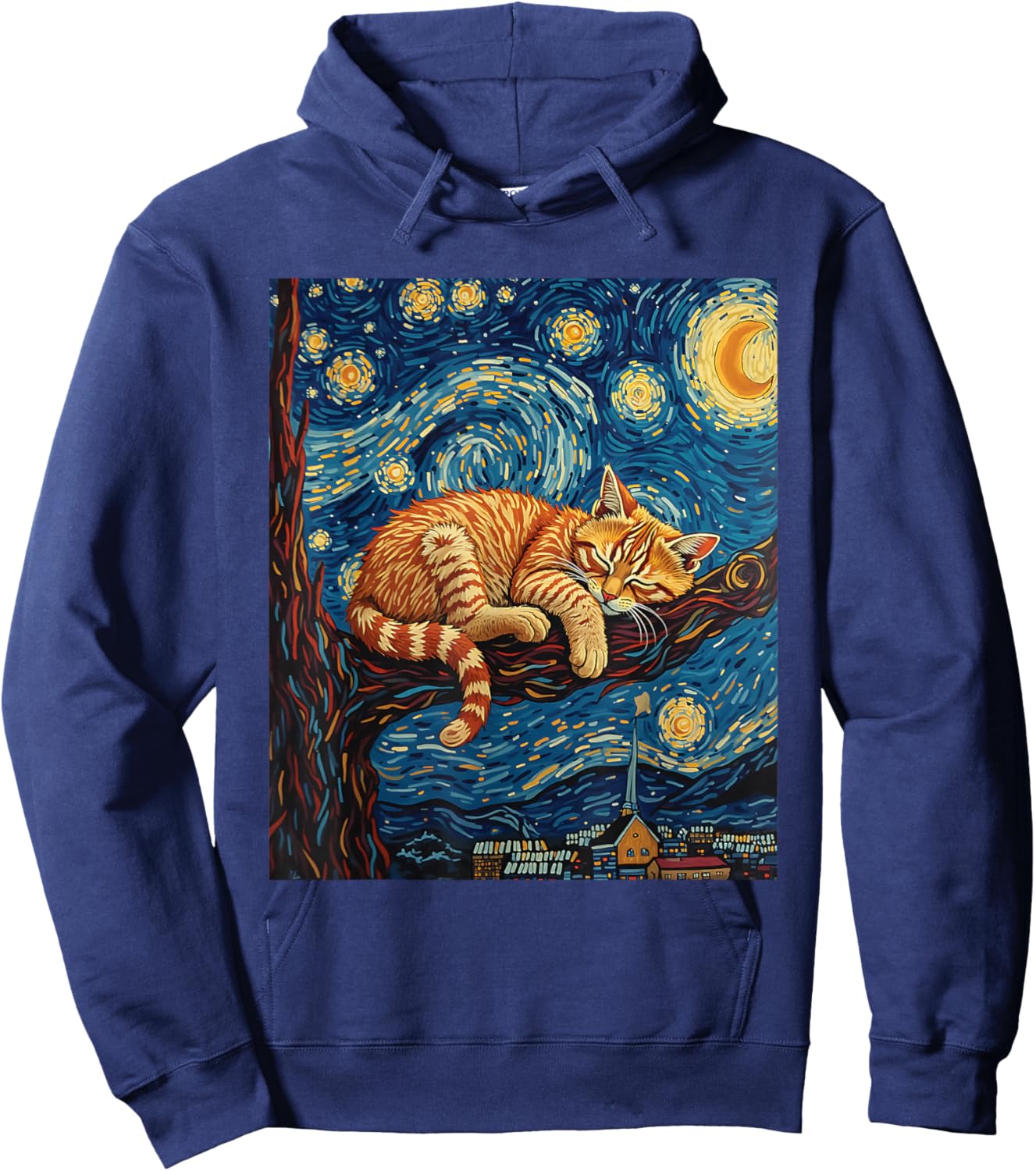 Charming Ginger Cat Van Gogh Starry Night Graphic Cat Lovers Hoodie - Hoodie | Navy