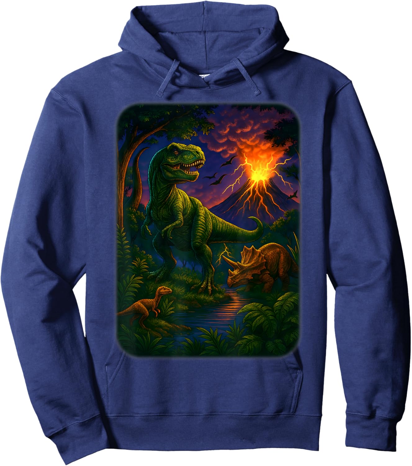 Vintage Dinosaur 90s T Rex and Triceratops Volcano Nature Hoodie - Hoodie | Navy