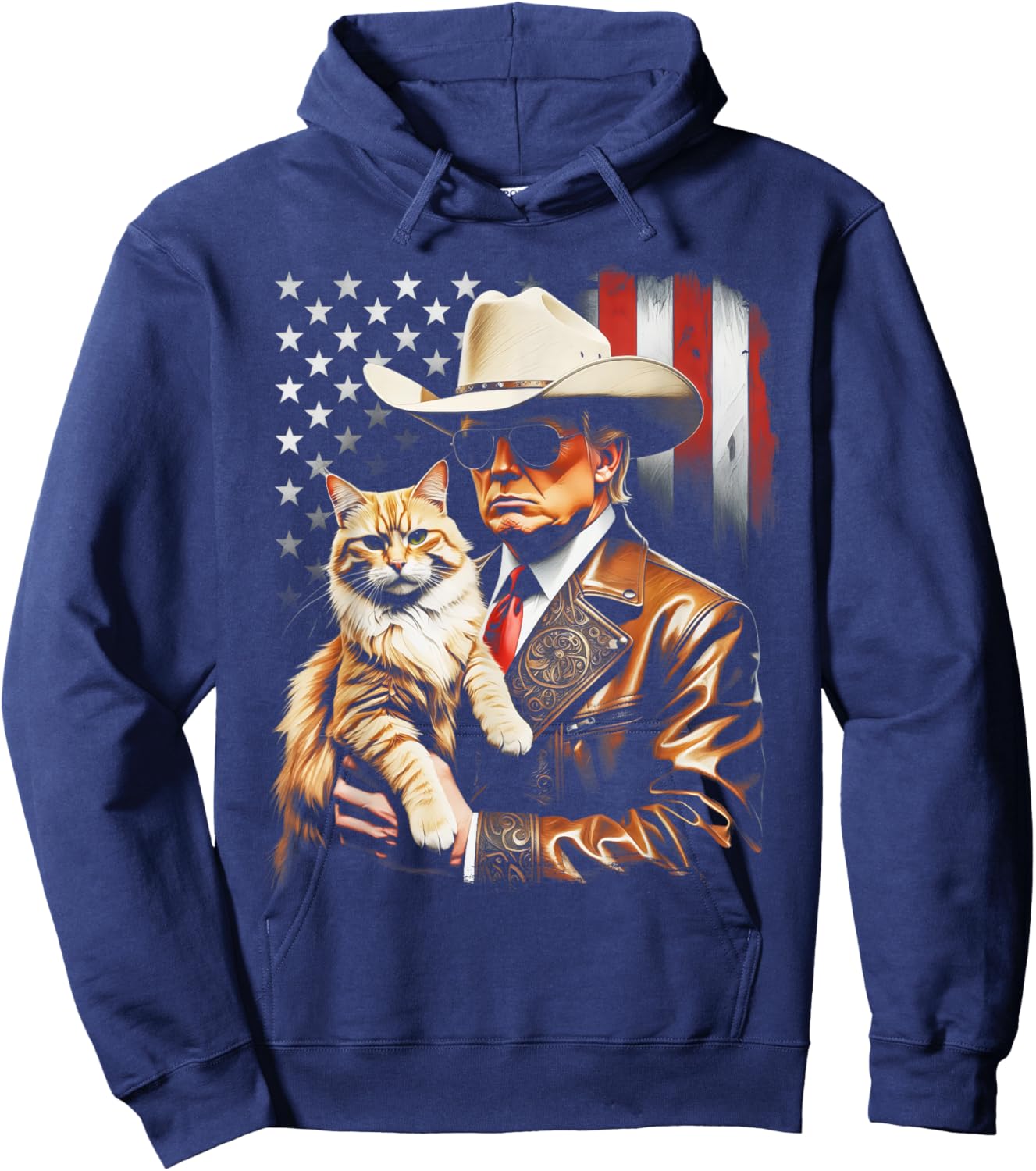 Trump and Cute Cat and American Flag Funny Trump Cowboy Hoodie - Hoodie | Navy