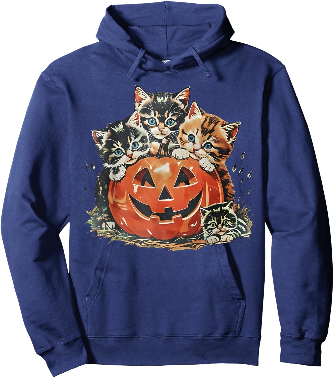 Vintage 90s Cat Pumpkin Halloween Retro Floral Spooky Season Hoodie - Hoodie | Navy