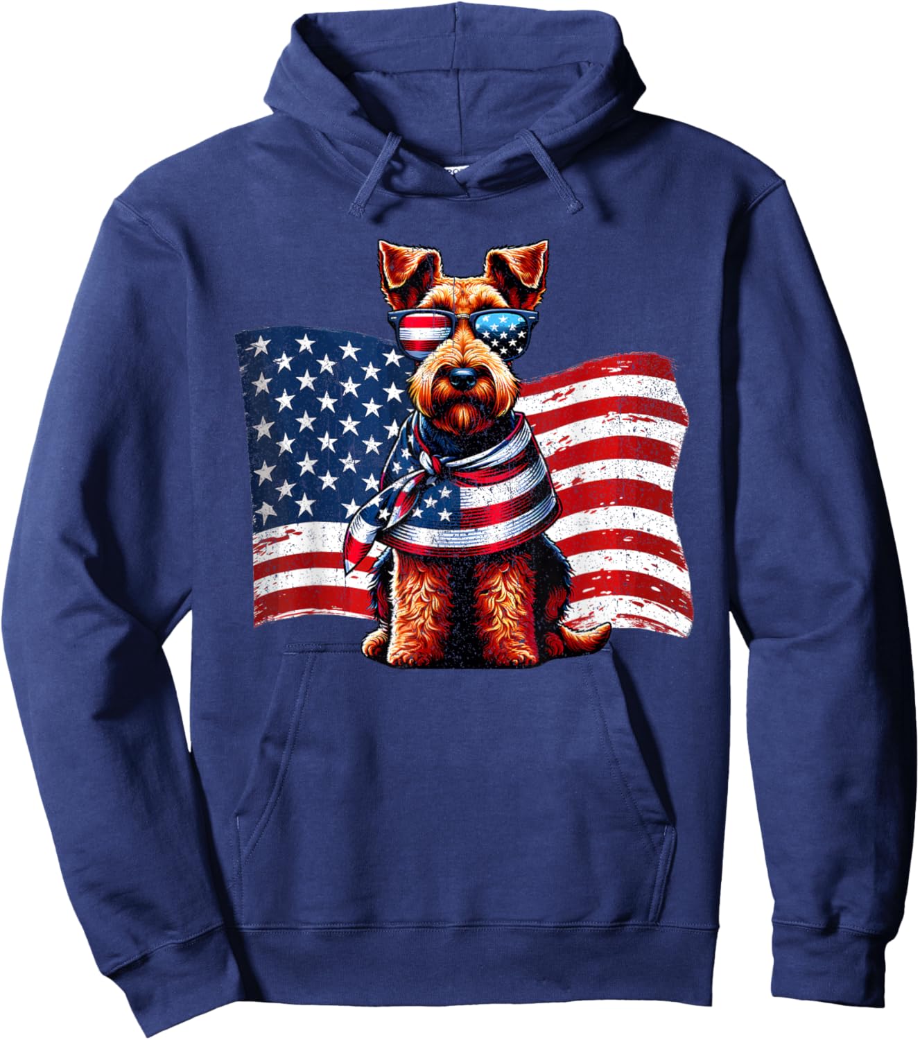 Welsh Terrier Dog Dogs American Flag Patriotic Pets Vintage Men Women Girls Kids Hoodie - Hoodie | Navy