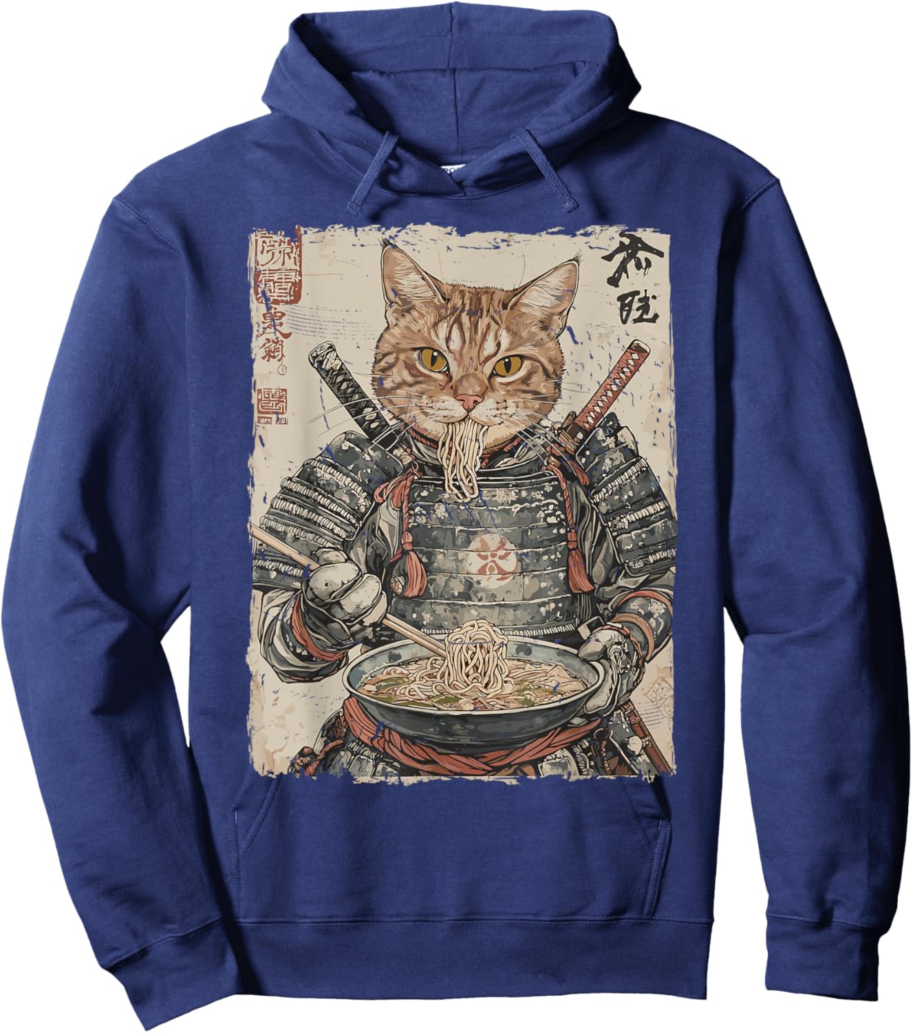 Samurai Cat Loves Ramen Funny Anime Japanese Artwork Samurai Hoodie - Hoodie | Navy
