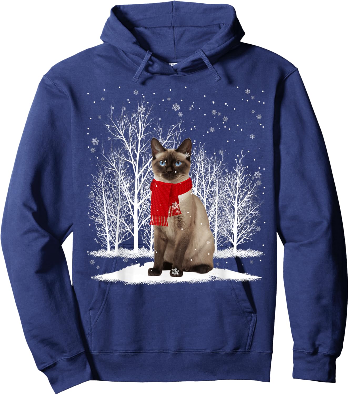 Funny Siamese Cat Wearing Ugly Christmas Sweater Scarf Xmas Hoodie - Hoodie | Navy