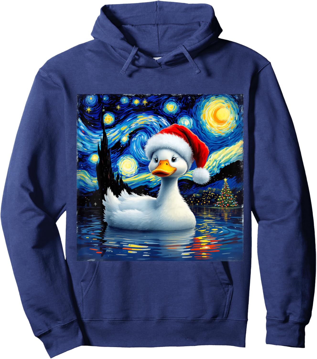 Christmas Duck Santa Hat Van Gogh Starry Night Holiday Hoodie - Hoodie | Navy
