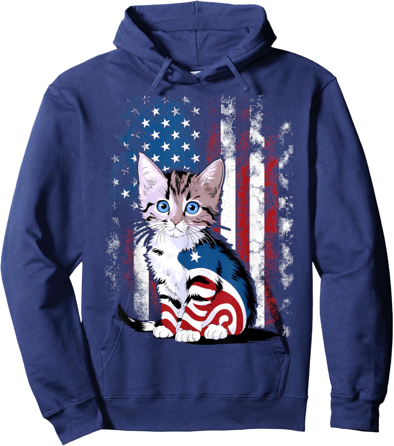 Memorial Day Cat Funny Kitten 4th of July Patriotic Usa Flag Hoodie - Hoodie | Navy