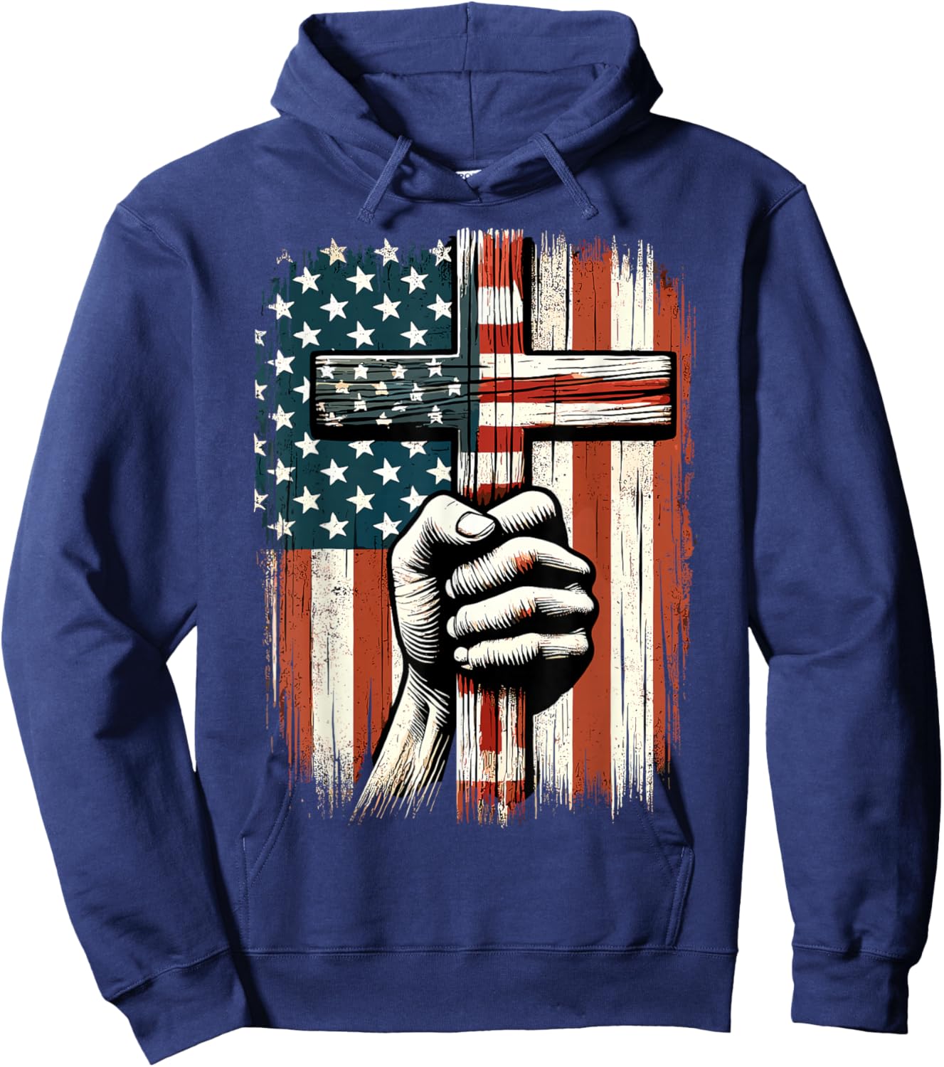 American USA Flag Christian Cross Jesus 4th of July Hoodie - Hoodie | Navy