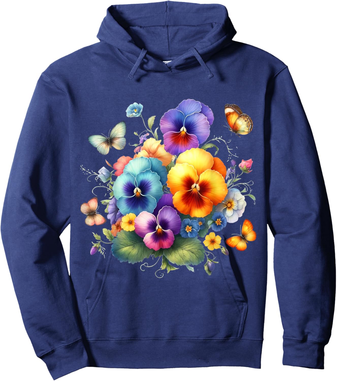 Multicolored Pansies and Delicate Butterflies Shapes Mania Hoodie - Hoodie | Navy