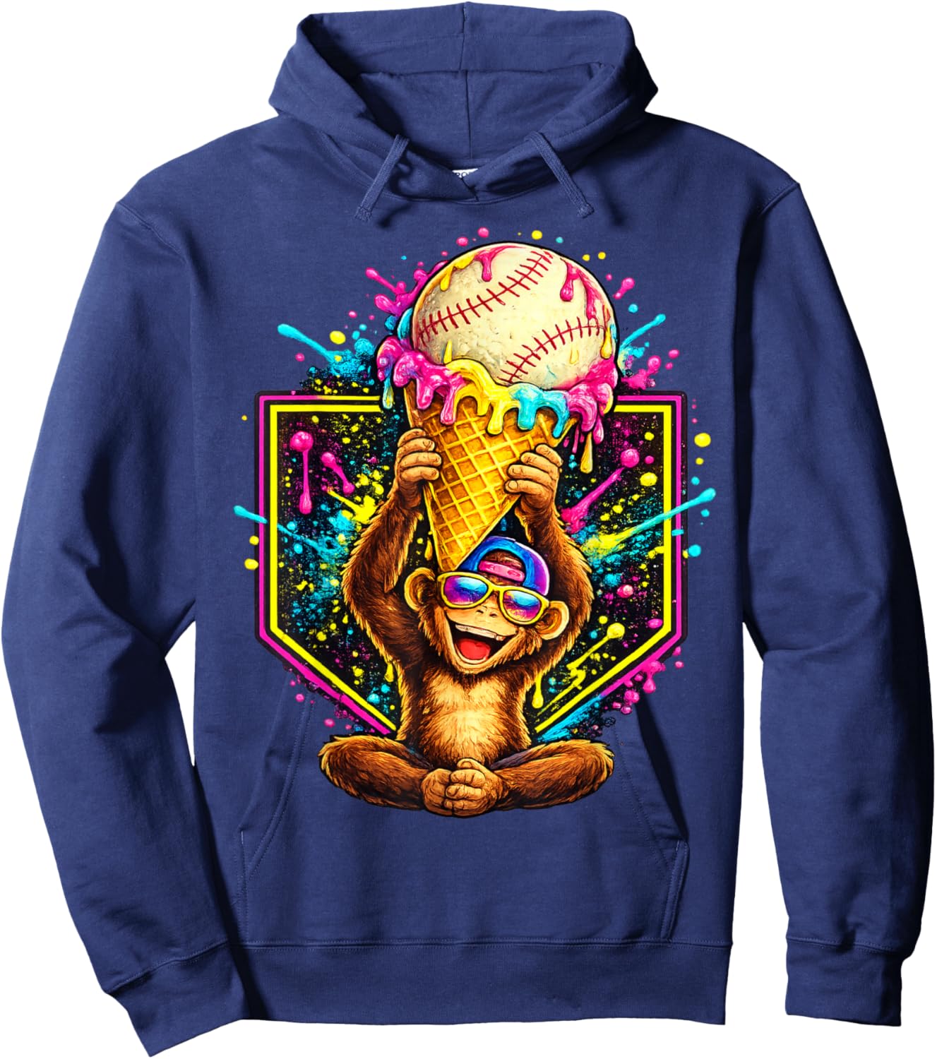 Monkey Funny Animals Baseball Ice Cream Drip Cool Hoodie - Hoodie | Navy
