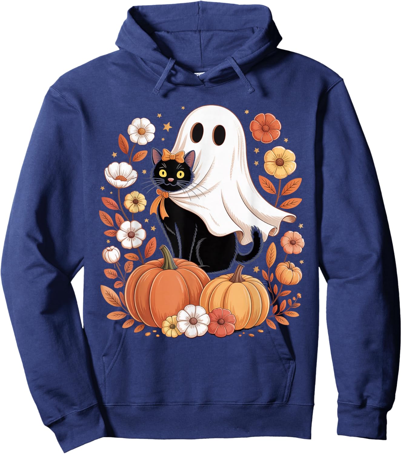 Vintage Black Cat and Ghost with Pumpkins Flowers Halloween Hoodie - Hoodie | Navy