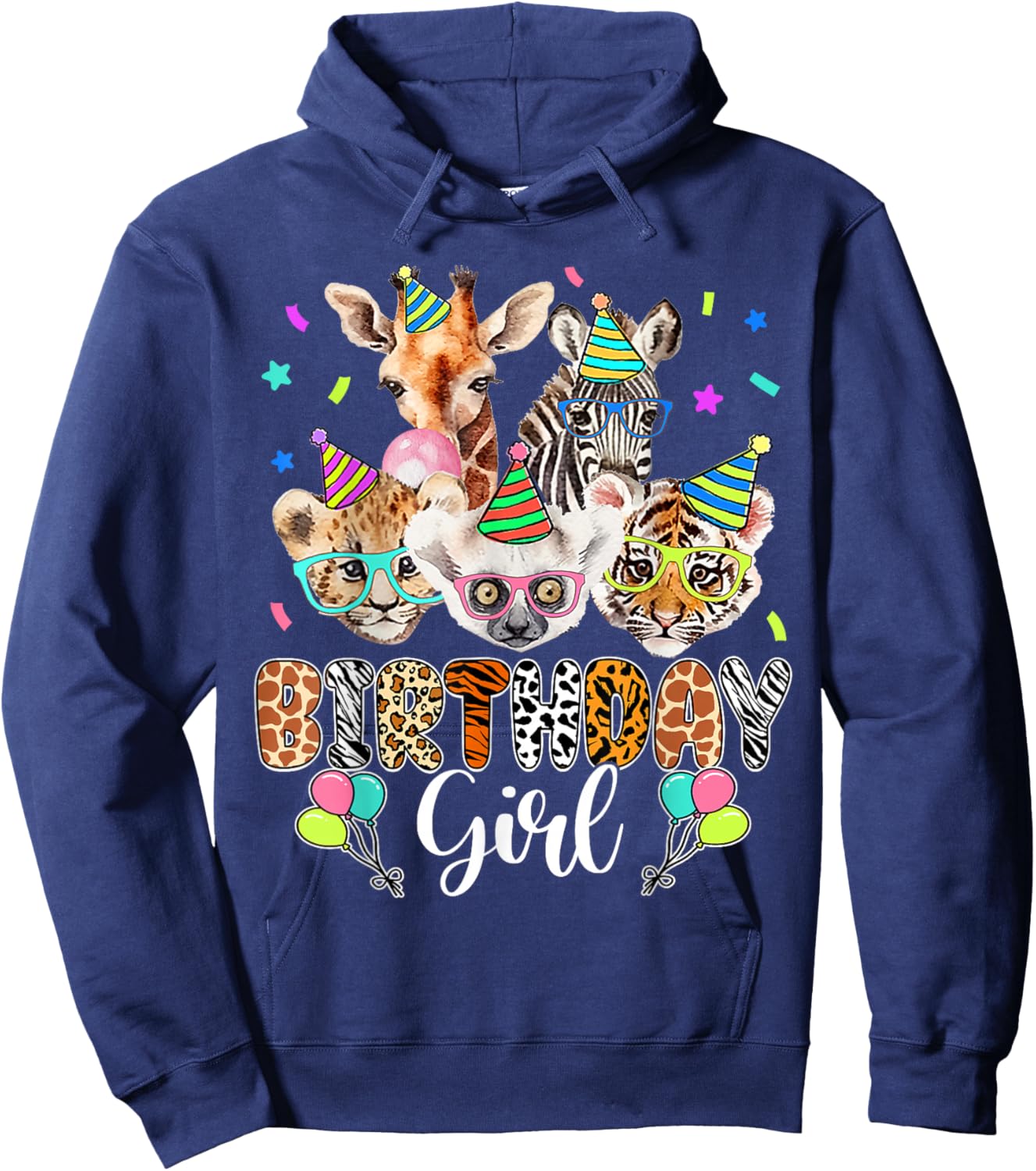 Happy Birthday Girl Zoo Animals Wildlife Girls Kids Cute Hoodie - Hoodie | Navy