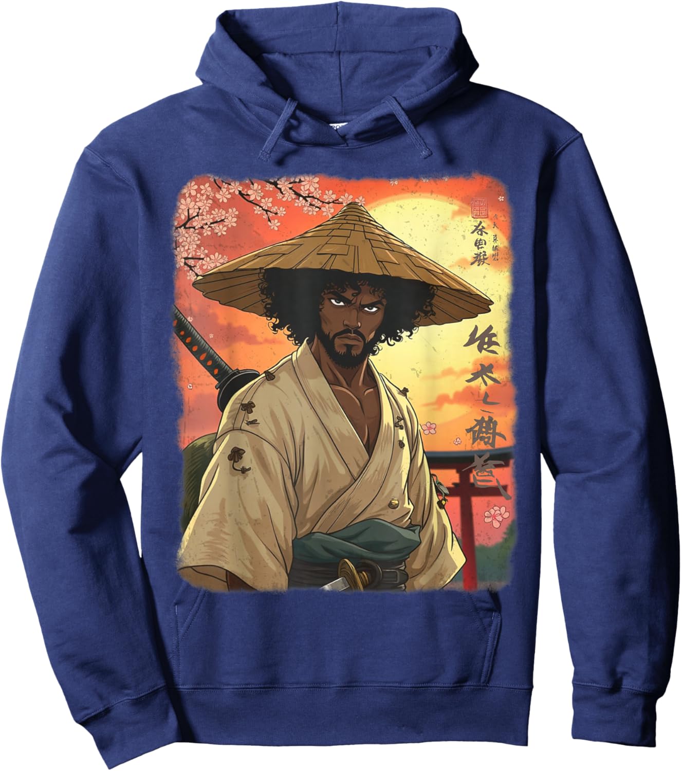 Afro American Samurai African Warrior in Anime with Katana Hoodie - Hoodie | Navy