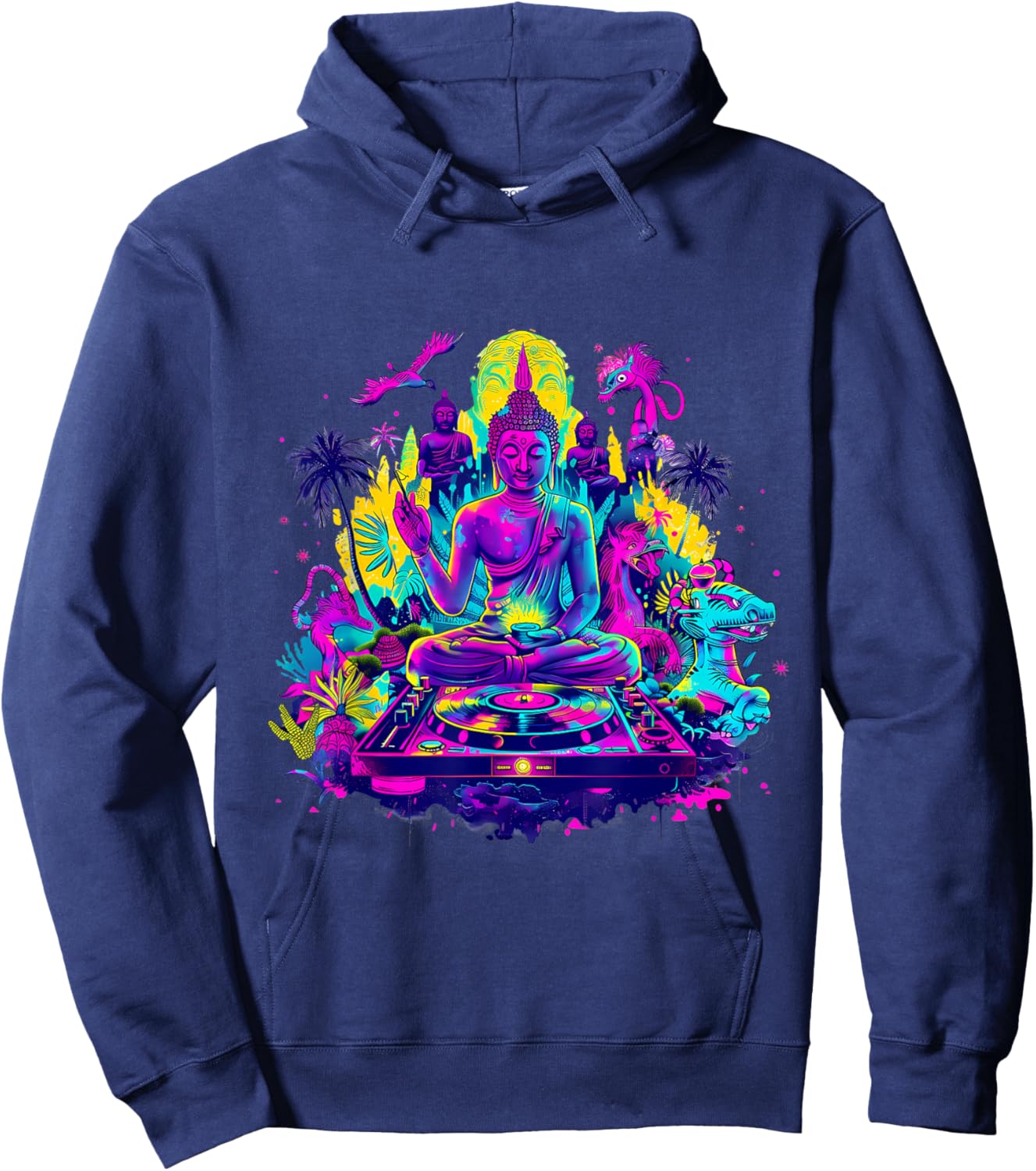 Buddha DJ Tropical Turntable DJ Buddha Dance Club Meditation Hoodie - Hoodie | Navy