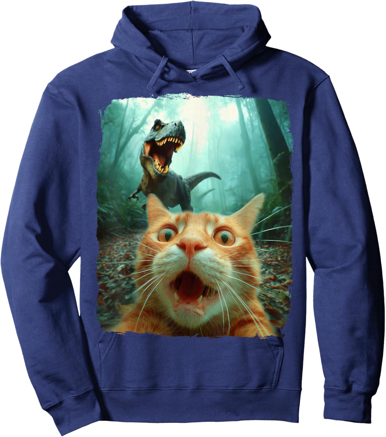 Cat Selfie with Dino T-Rex Dinosaur Humor Men Women Kids Hoodie - Hoodie | Navy
