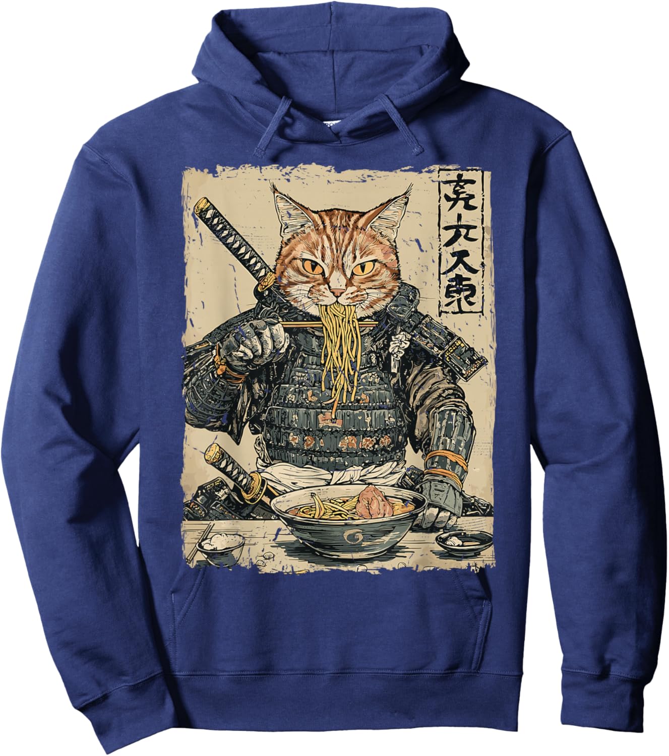Samurai Cat Loves Ramen Funny Anime Japanese Artwork Samurai Hoodie - Hoodie | Navy