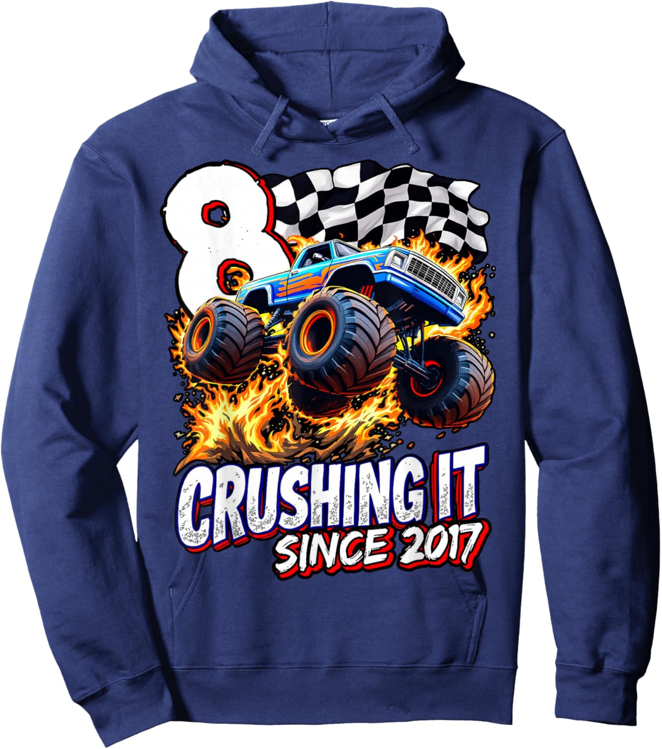 Birthday Monster Truck 8 year Old Boys 8th Party Born 2017 Hoodie - Hoodie | Navy
