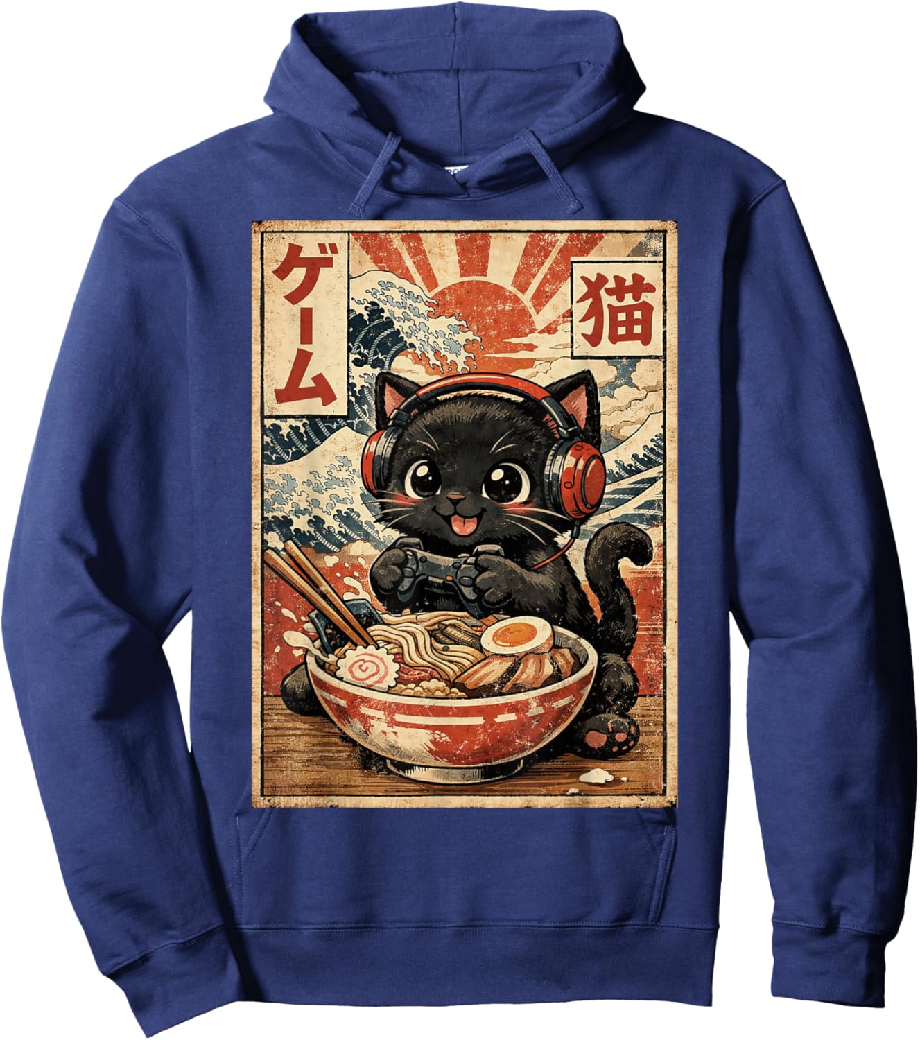 Funny Cute Gamer Cat Ramen Kawaii Japanese Ukiyo-e Art Anime Hoodie - Hoodie | Navy