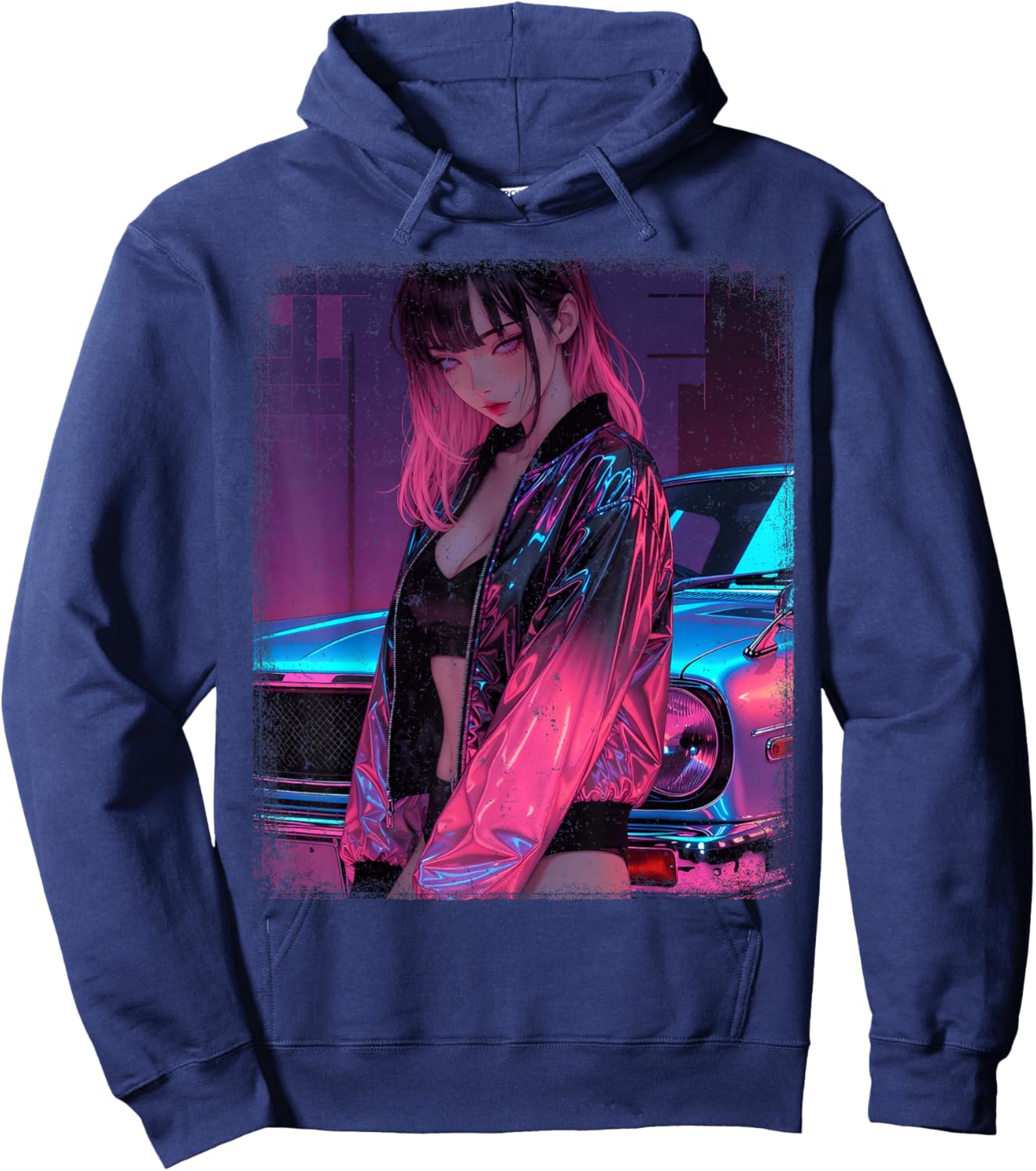 Waifu Anime Girl Women Retro Vintage Japanese JDM Race Car Hoodie - Hoodie | Navy