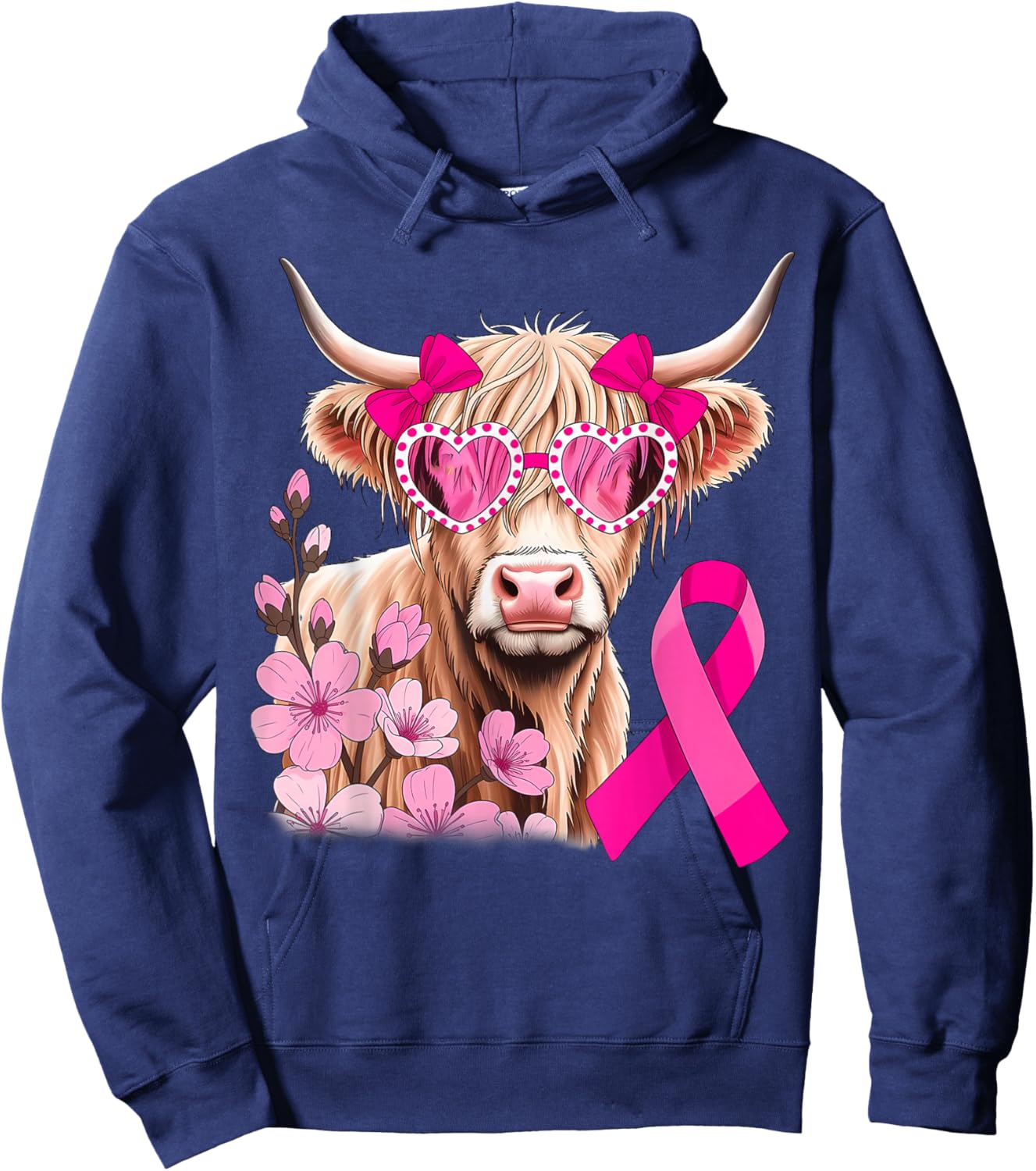 Highland Cow in October We Wear Pink Breast Cancer Awareness Hoodie - Hoodie | Navy