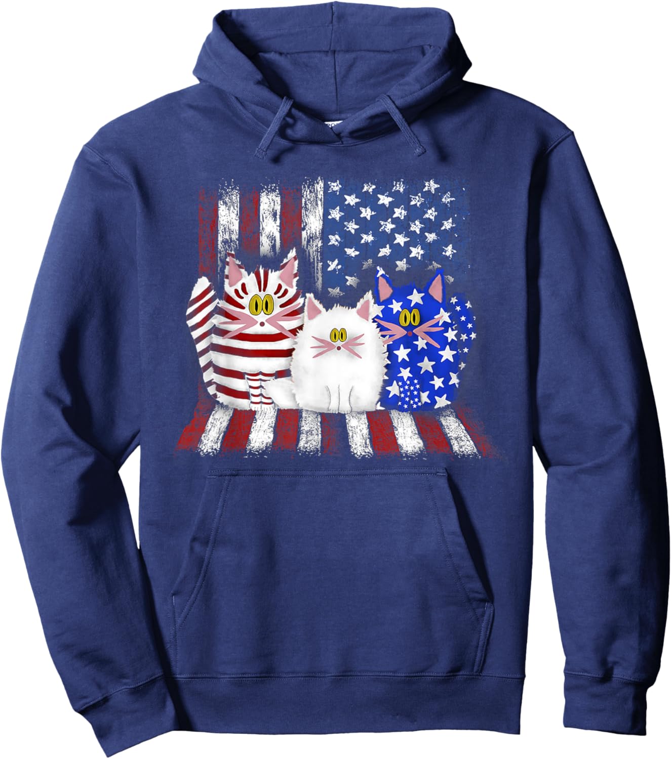 Three Cats American Flag - Blue - Cat - White - Cat - Red Hoodie - Hoodie | Navy