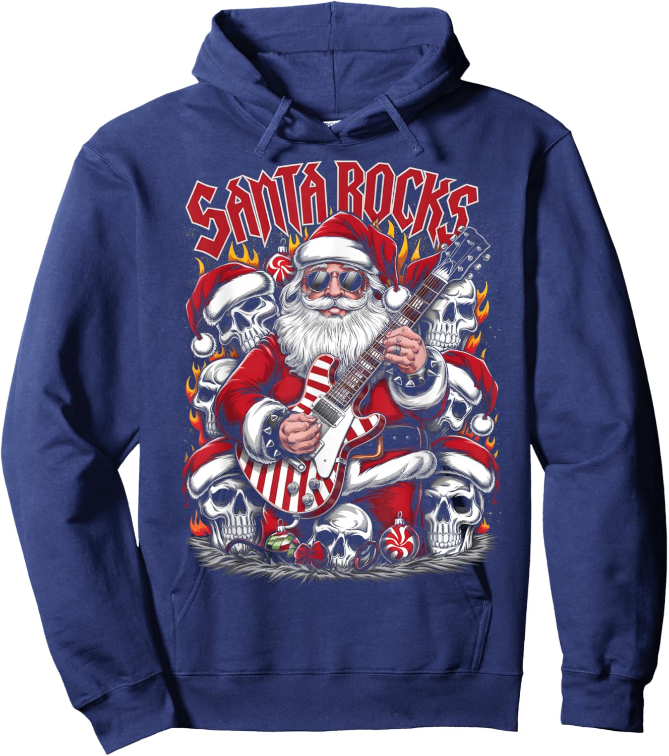 Christmas Rocker Metalhead Guitarist Santa Rocks Hoodie - Hoodie | Navy