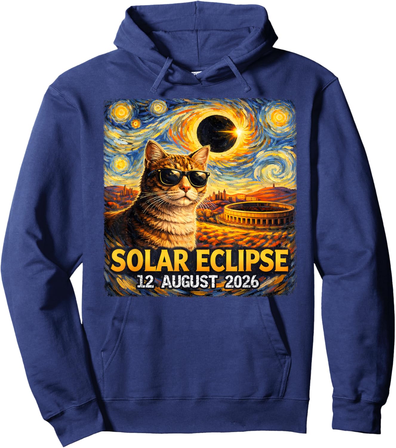 Total Solar Eclipse August 12, 2026 Funny Cat Starry Night Hoodie - Hoodie | Navy