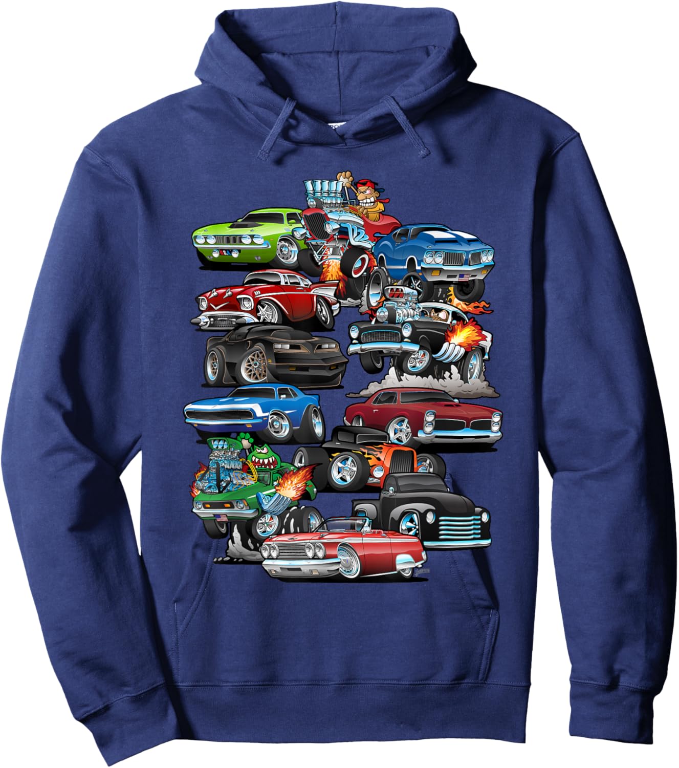 Car Madness! Muscle Cars, Classic Cars and Hotrods Cartoon Hoodie - Hoodie | Navy
