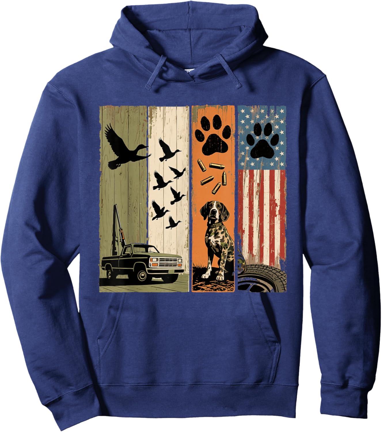 Vintage Hunting Dog Patriotic USA Flag Duck Hunter Men Boys Hoodie - Hoodie | Navy