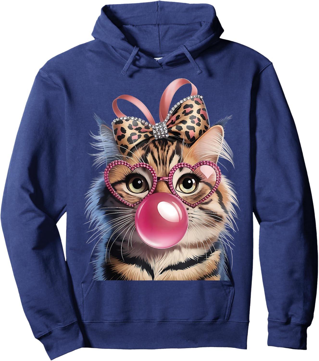 Cute Funny Leopard Bow Pink Glasses Cat Bubble Gum Girls Hoodie - Hoodie | Navy