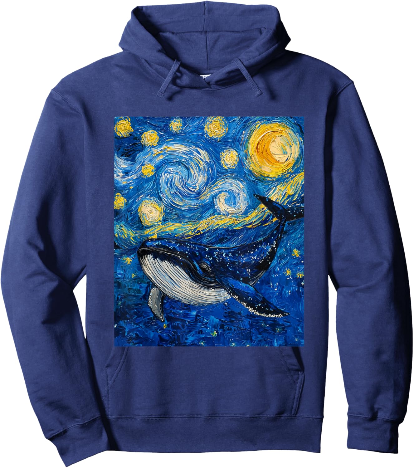Whale Fish Van Gogh Style Starry Night Sea Graphic Hoodie - Hoodie | Navy