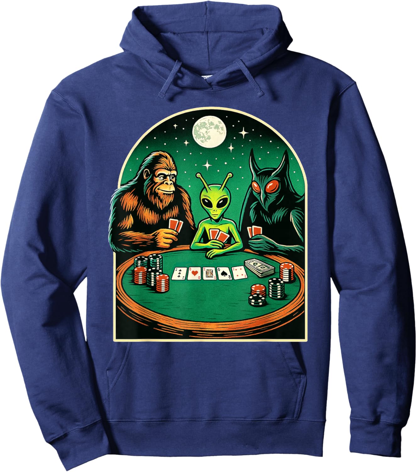 Poker Design Men Women Bigfoot Alien Mothman Playing Poker Hoodie - Hoodie | Navy