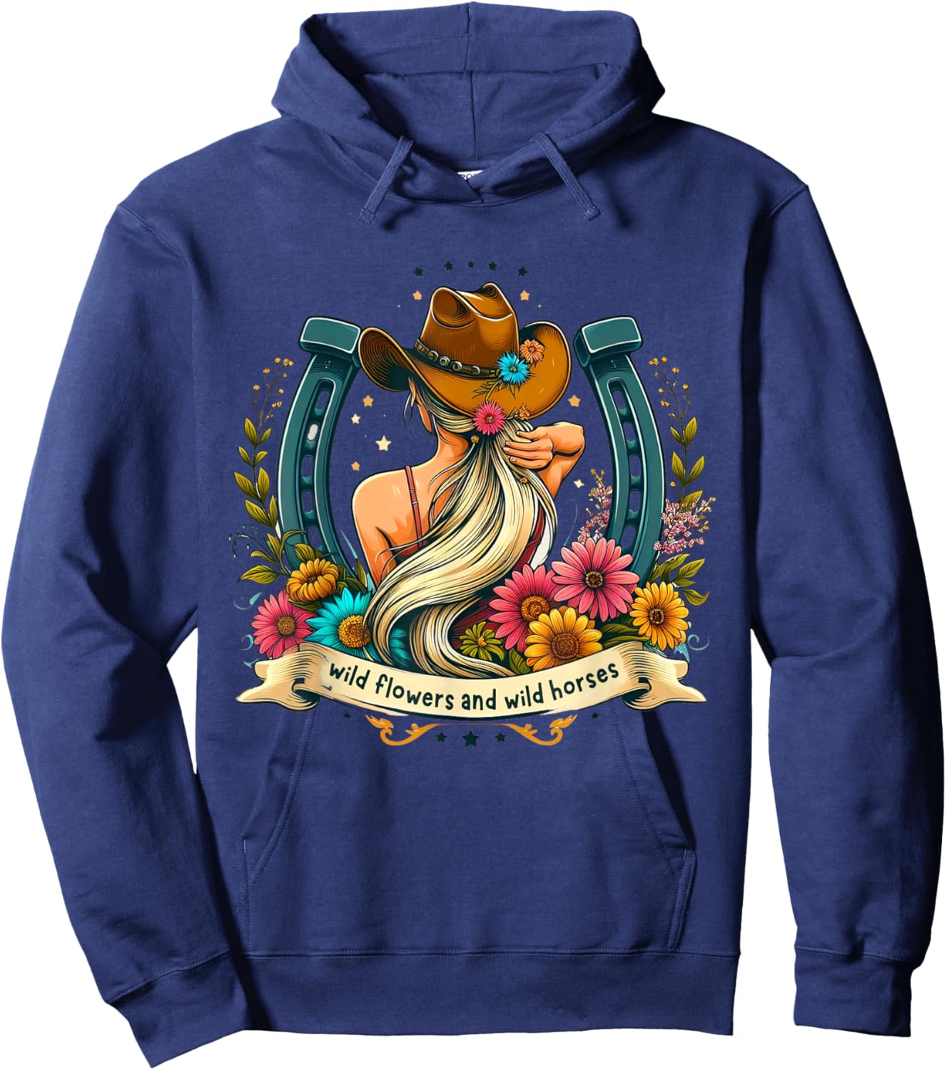 Retro Southern Sunset Cowgirl Wild Flowers - Wild Horses Hoodie - Hoodie | Navy