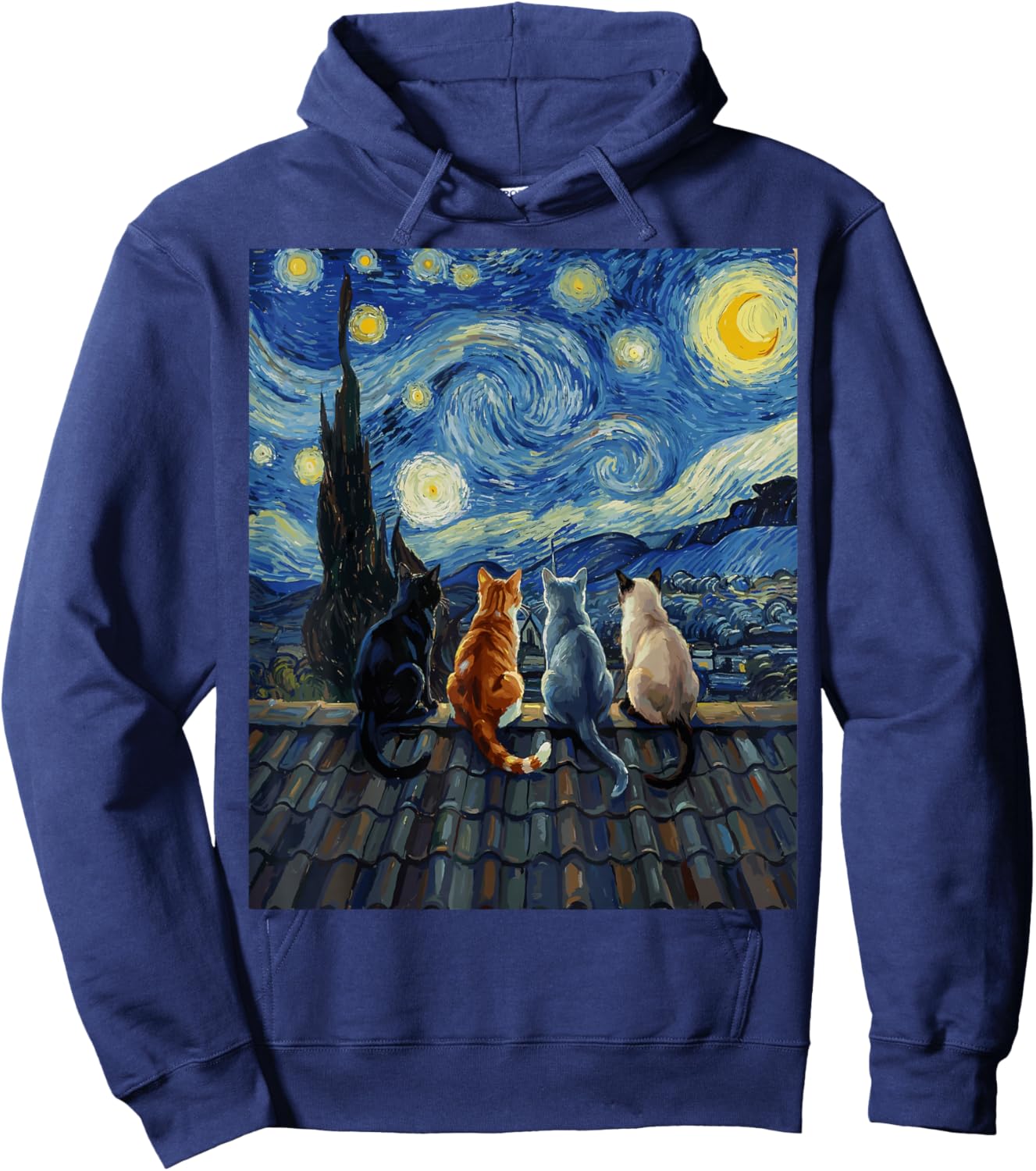 Cat Starry Night Van Gogh Funny Hoodie - Hoodie | Navy