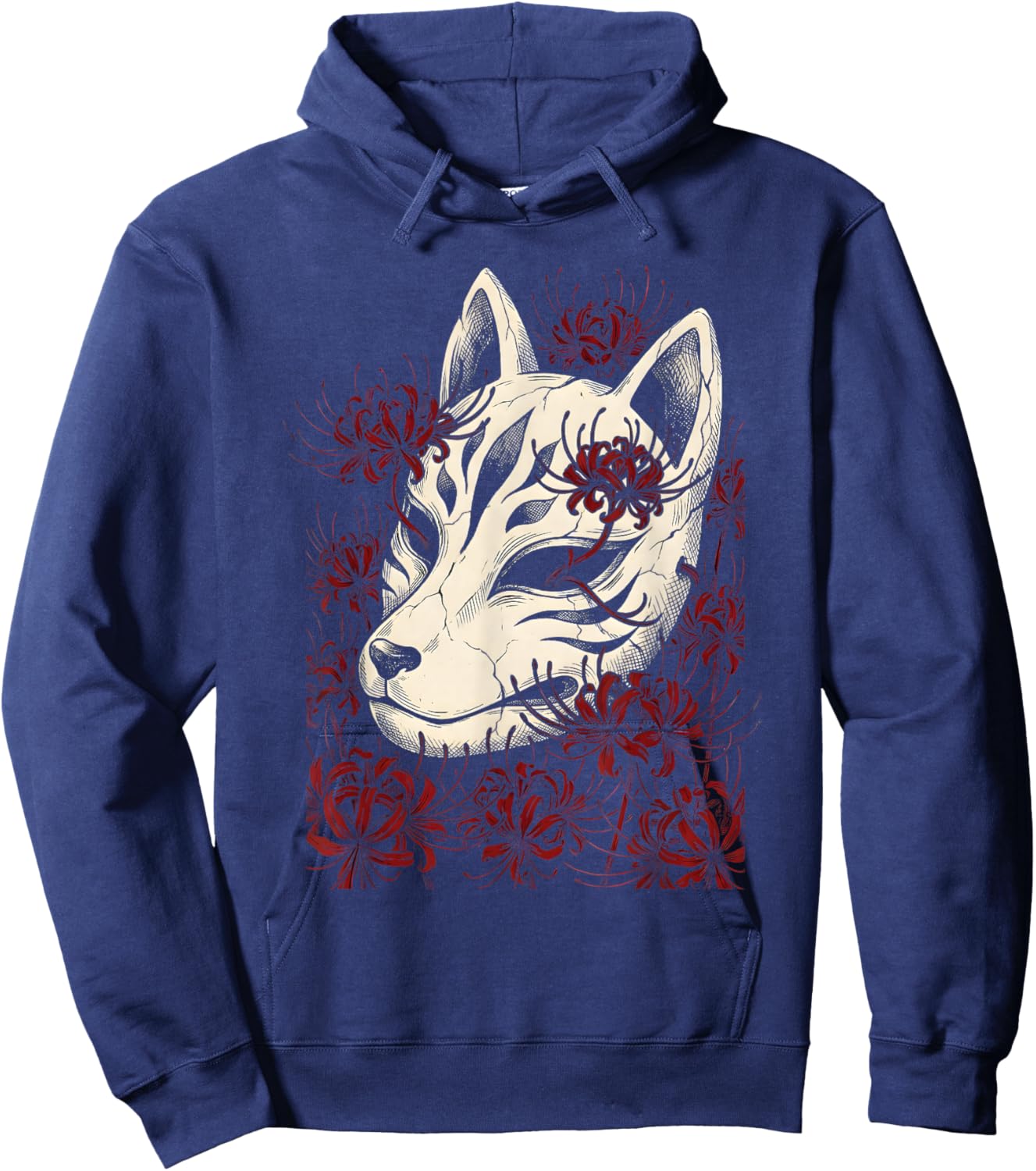 Kitsune Mask Fox Spirit Red Spider Lily Flower Yokai Art Hoodie - Hoodie | Navy