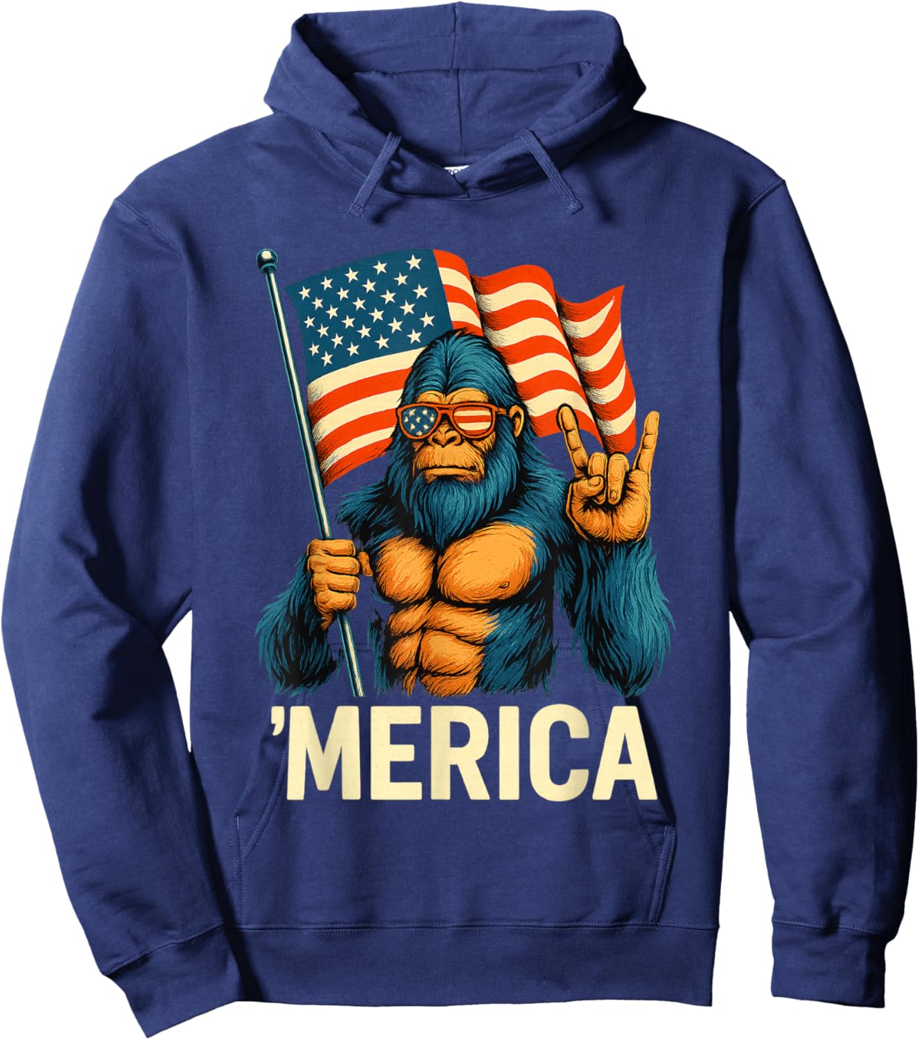Bigfoot Merica Rock American Flag Patriotic 4th of July Hoodie - Hoodie | Navy