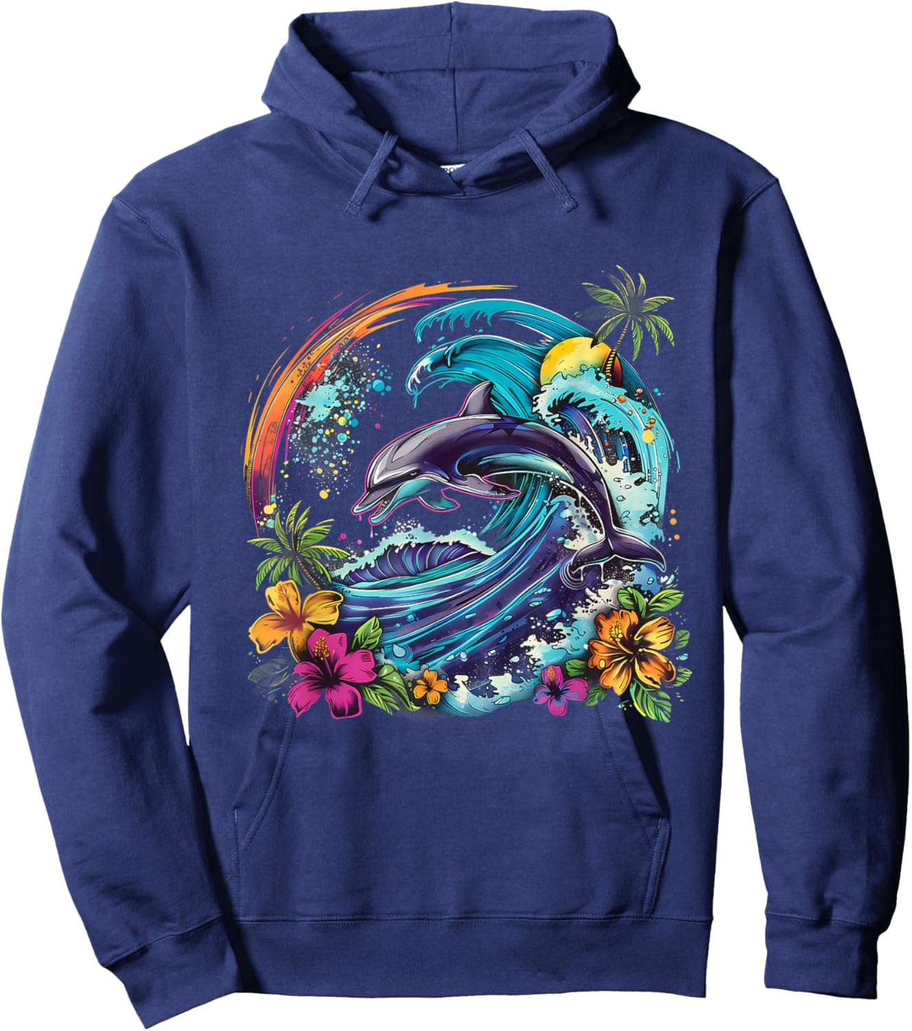 Sea Ocean Dolphin Motif Artwork Floral Sea Ocean Animal Hoodie - Hoodie | Navy