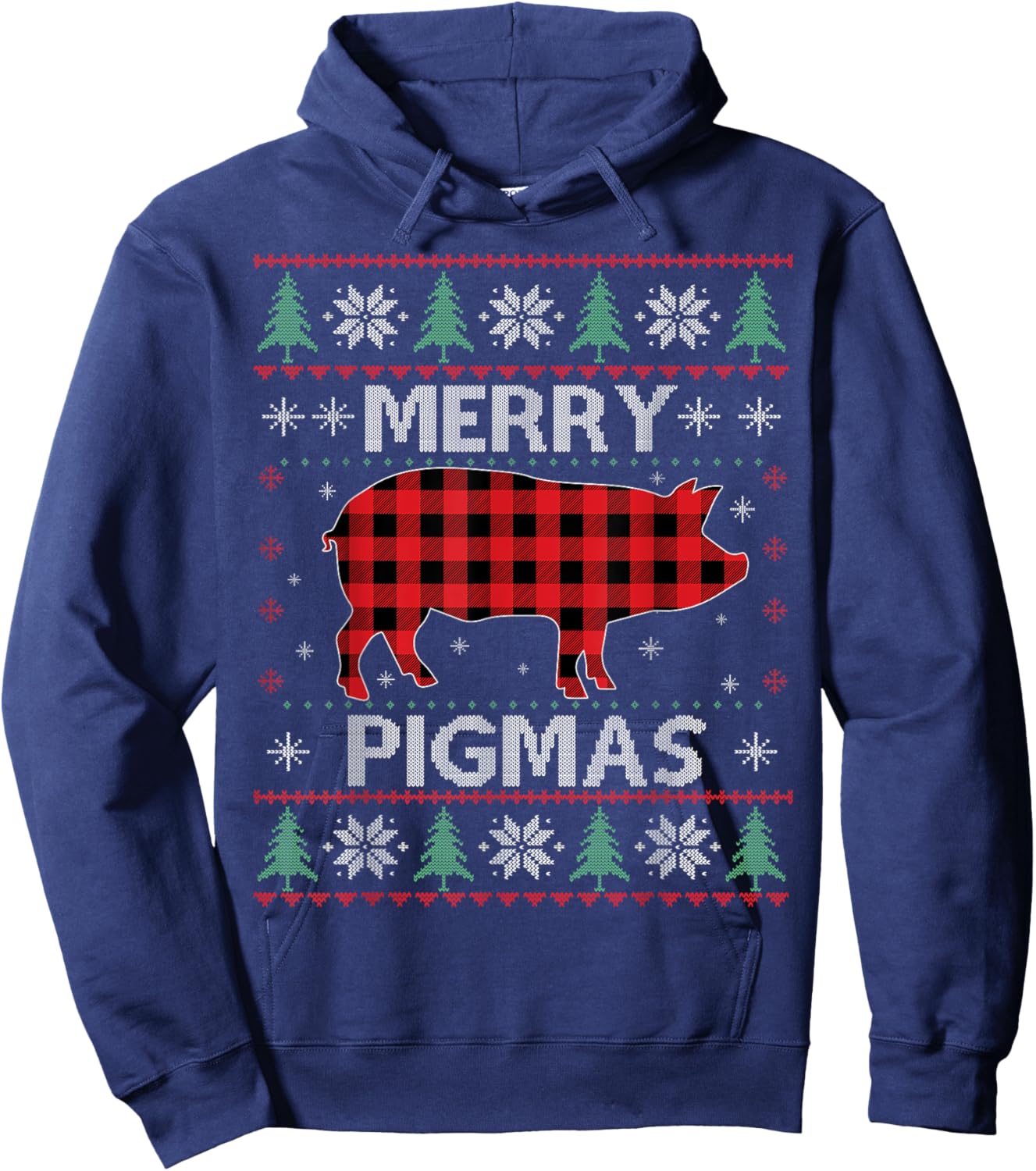 Merry Pigmas Pig Red Plaid Ugly Sweater Xmas Funny Hoodie - Hoodie | Navy