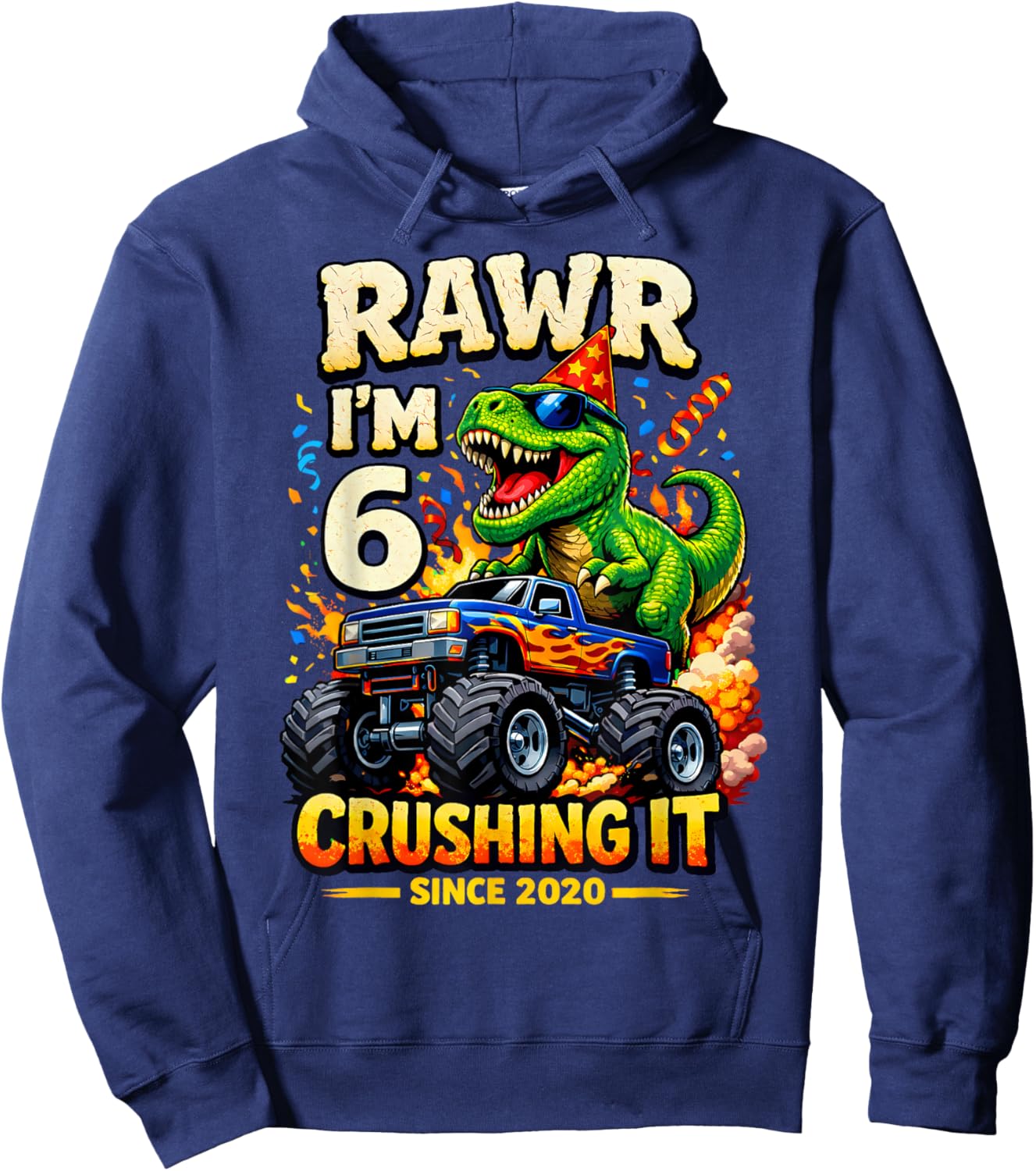 6th Birthday Monster Truck Dinosaur 6 Years Old Birthday Boy Hoodie - Hoodie | Navy