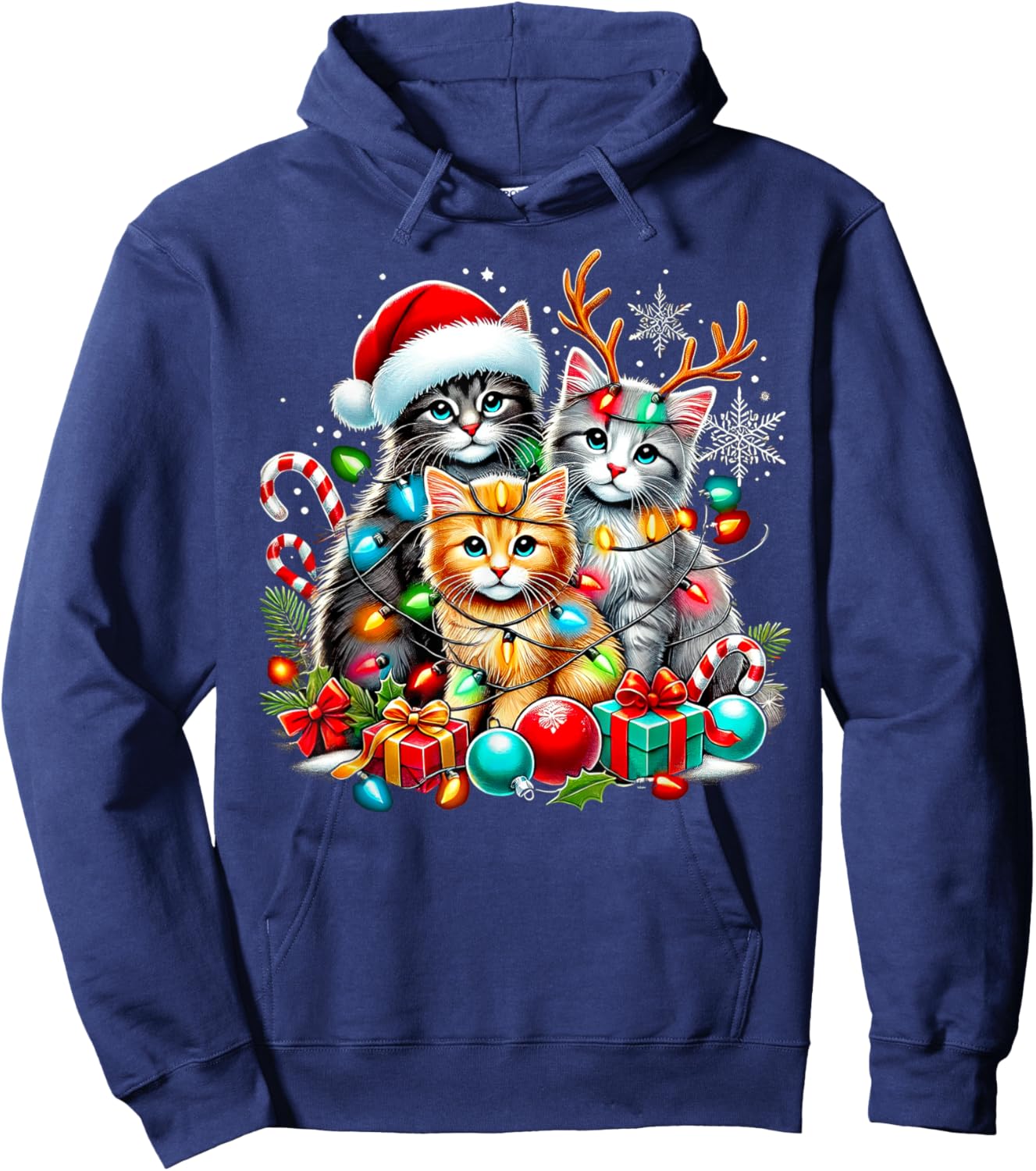 Merry Christmas Baby Cats Presents Snowflake Santa Claus Hoodie - Hoodie | Navy