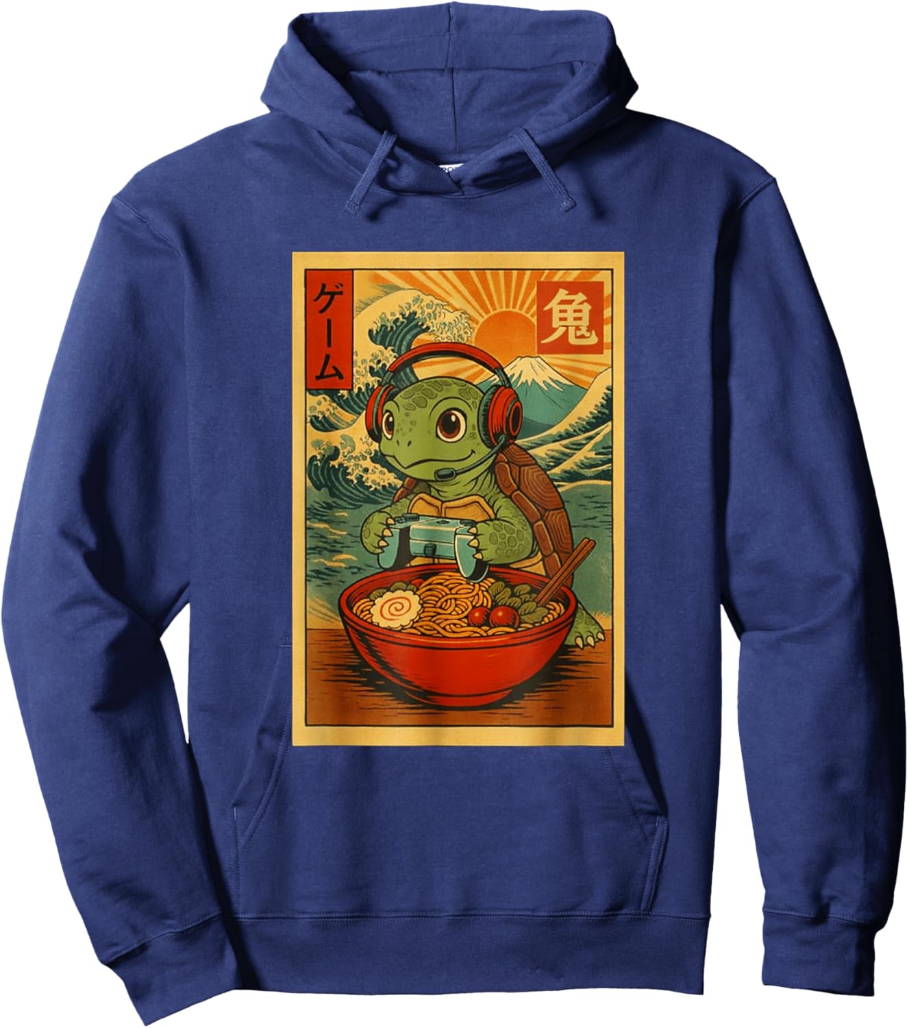 Turtle Gamer Ramen Japanese Ukiyo-e Mount Fuji Hoodie - Hoodie | Navy