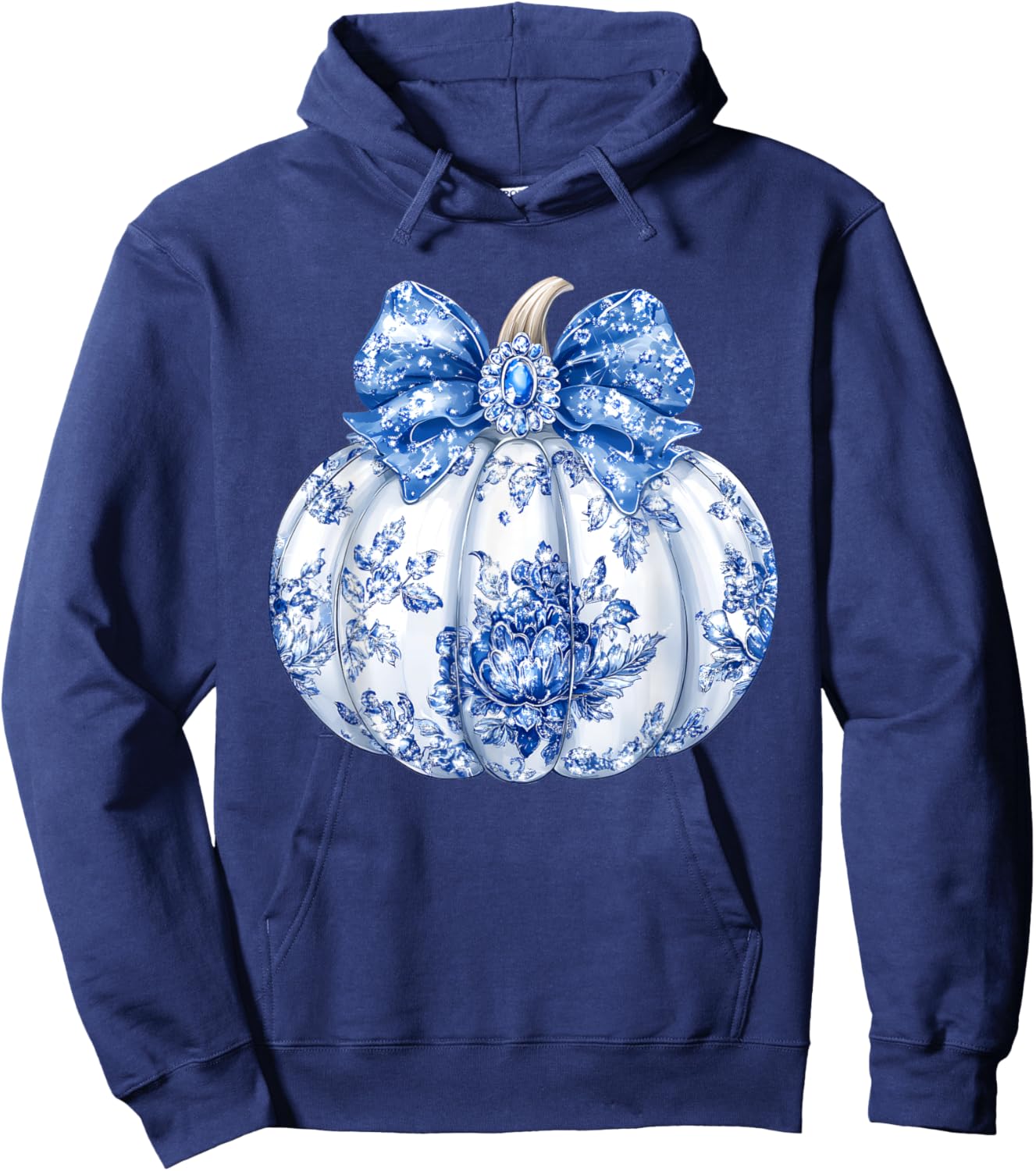 Fall Coquette Chinoiserie Blue Floral Pumpkin Thanksgiving Hoodie - Hoodie | Navy