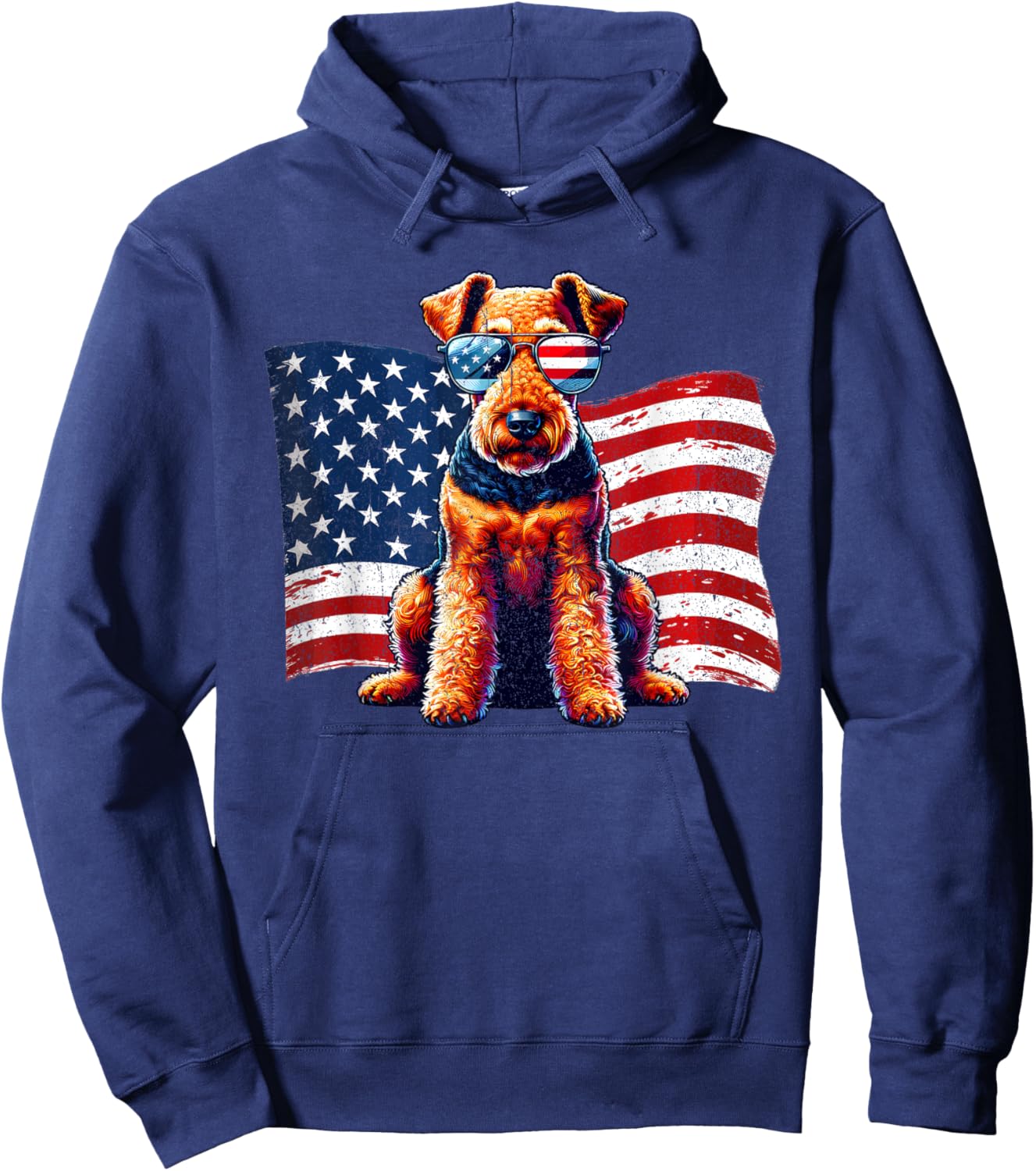Vintage Airedale Terrier American Flag Sunglasses Patriotic Hoodie - Hoodie | Navy