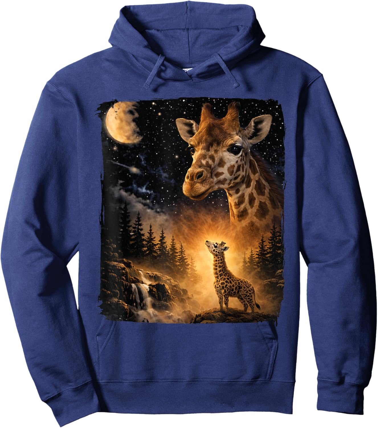 Vintage 90s Giraffe Howling at The Moon Wildlife Animals Hoodie - Hoodie | Navy
