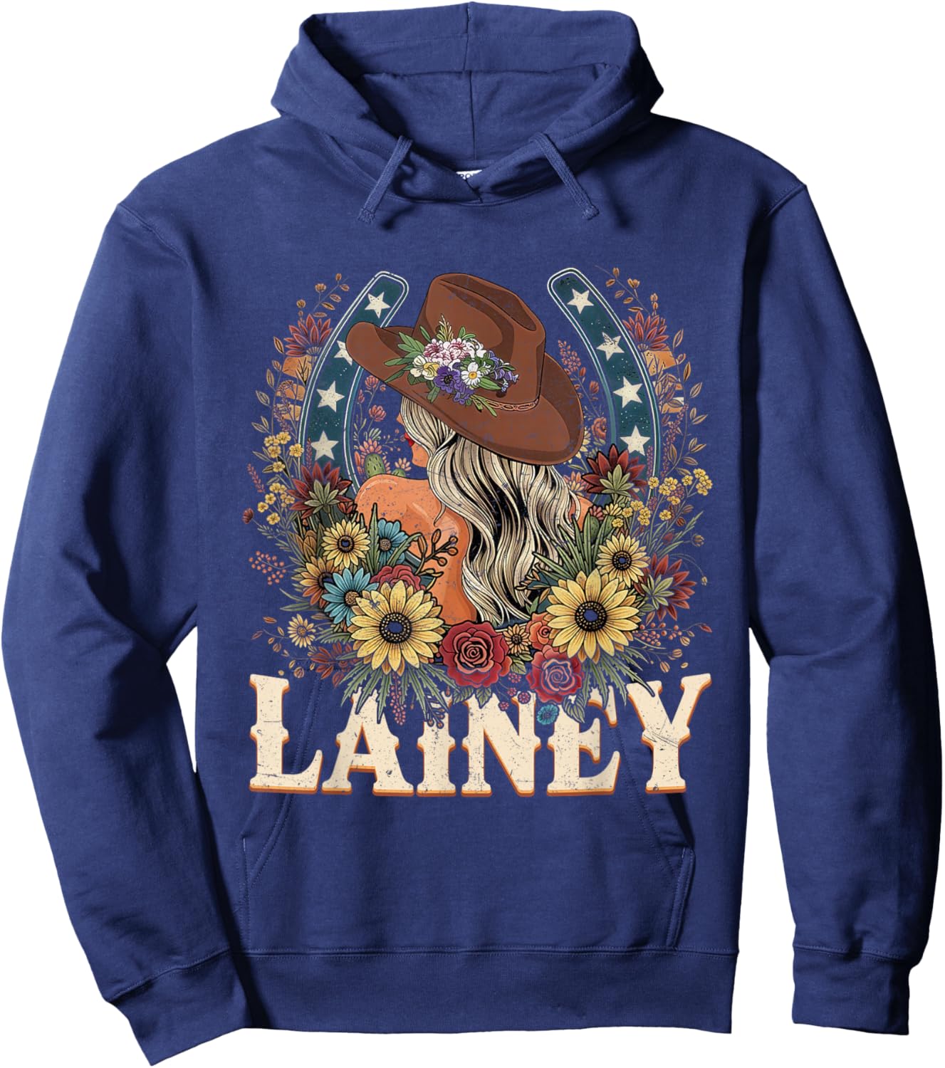 Retro Lainey Flowers Girl Personalized Name Cowgirl Hoodie - Hoodie | Navy