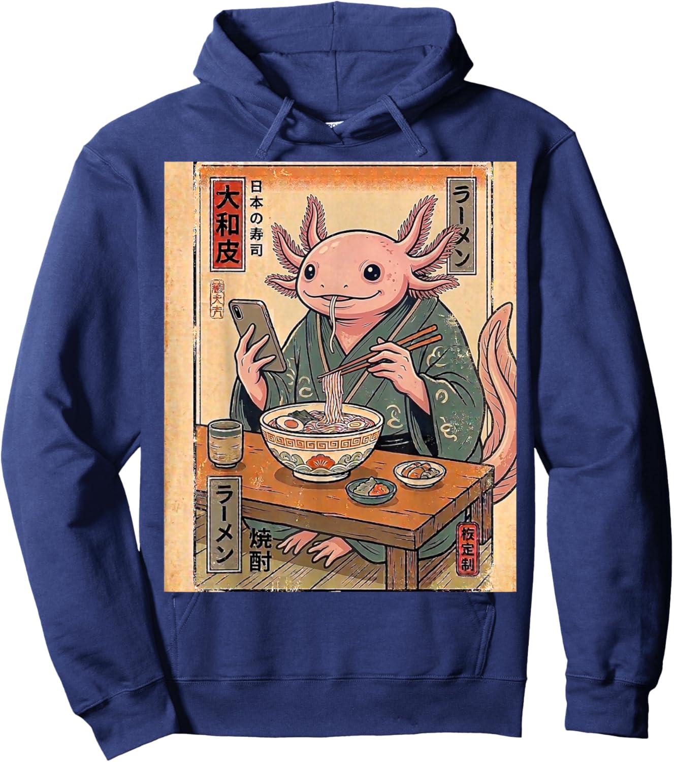 Funny Axolotl Eating Ramen Retro Japanese Gifts Men Women Hoodie - Hoodie | Navy