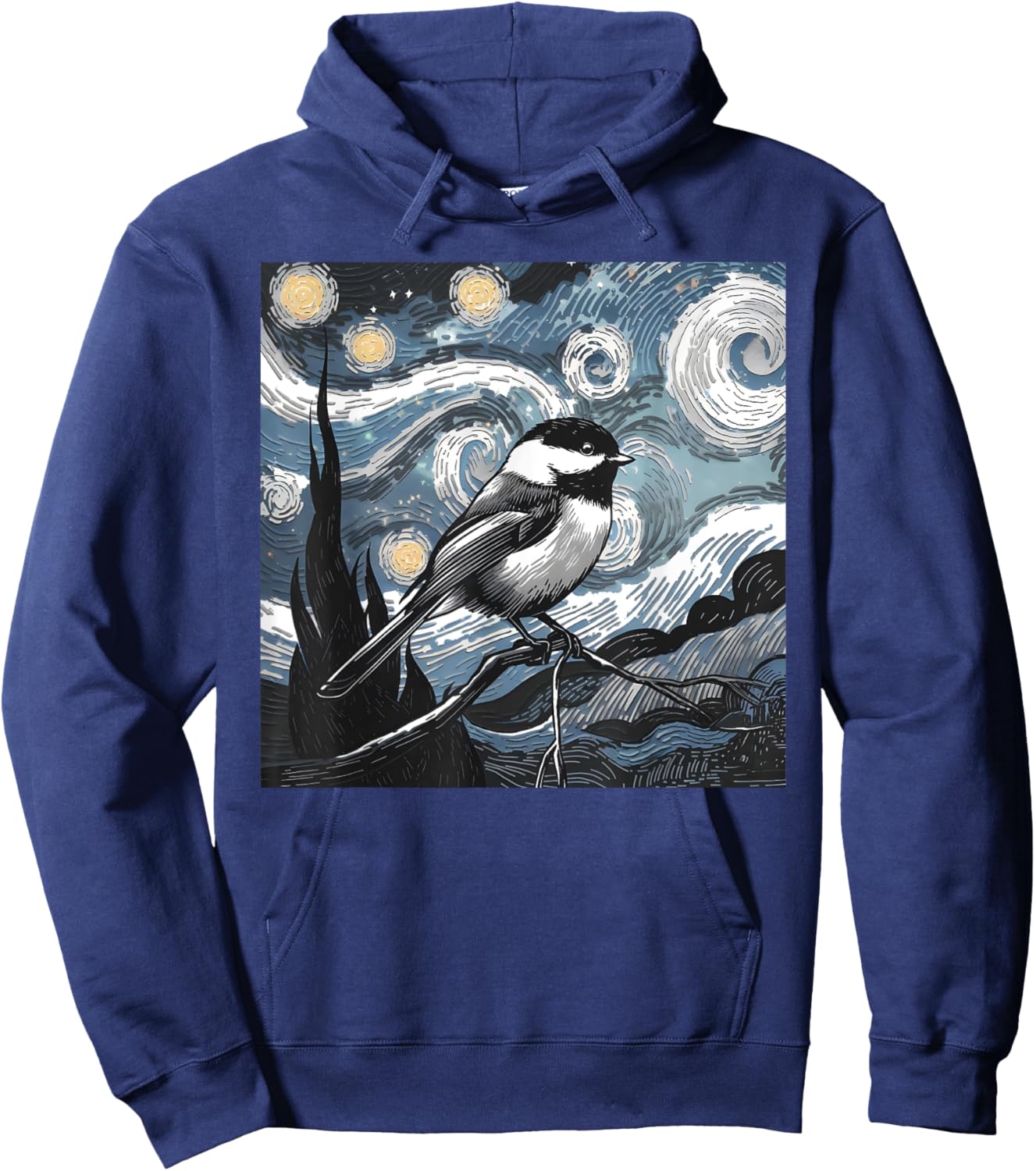 Black Capped Chickadee Bird Lover Starry Night Art Van Gogh Hoodie - Hoodie | Navy
