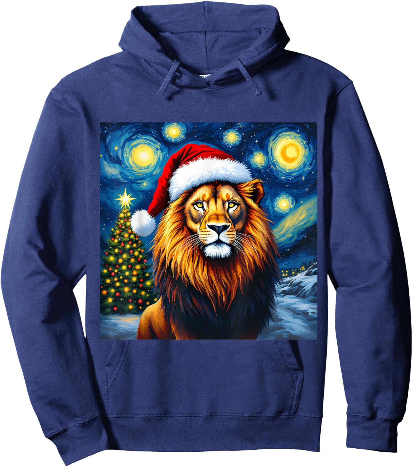 Christmas Lion Santa Hat Van Gogh Starry Night Holiday Hoodie - Hoodie | Navy
