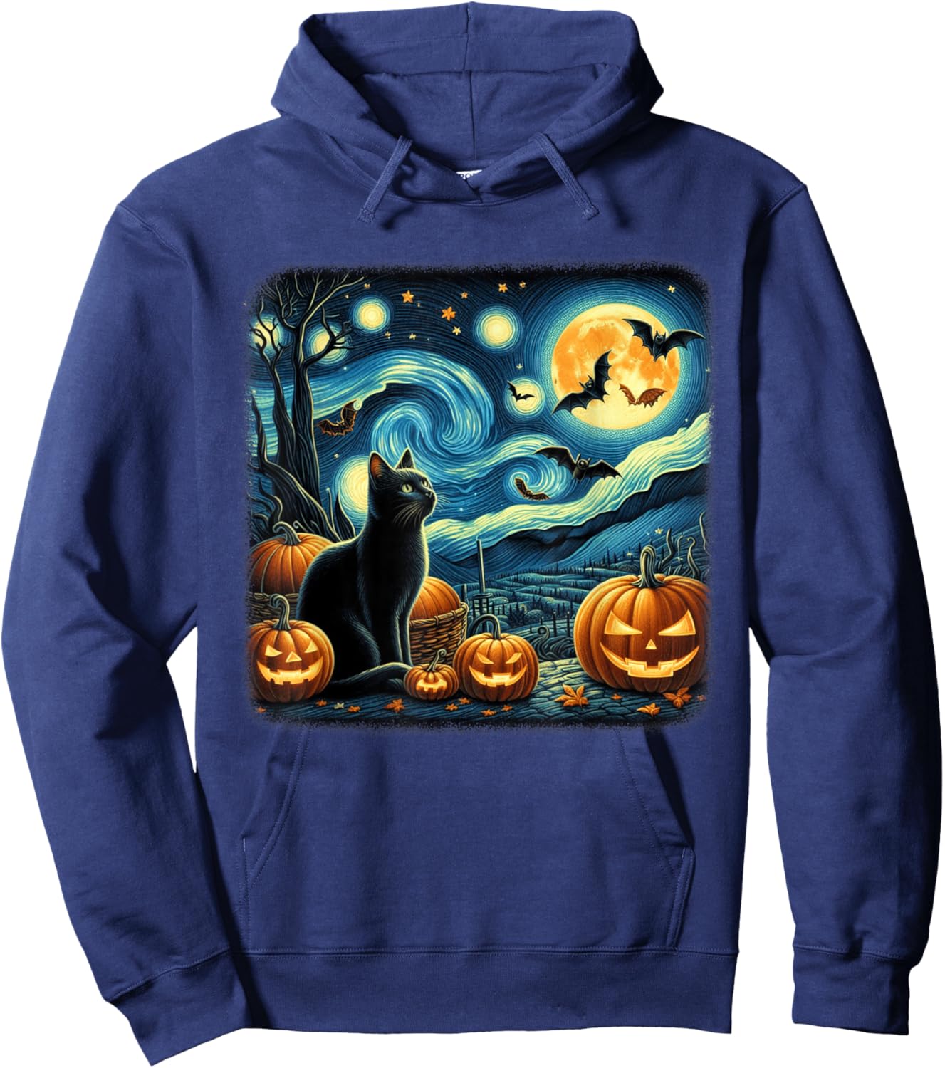 Van Gogh Cat Starry Night Black Cat Halloween Cat Lovers Men Women Kids Hoodie - Hoodie | Navy
