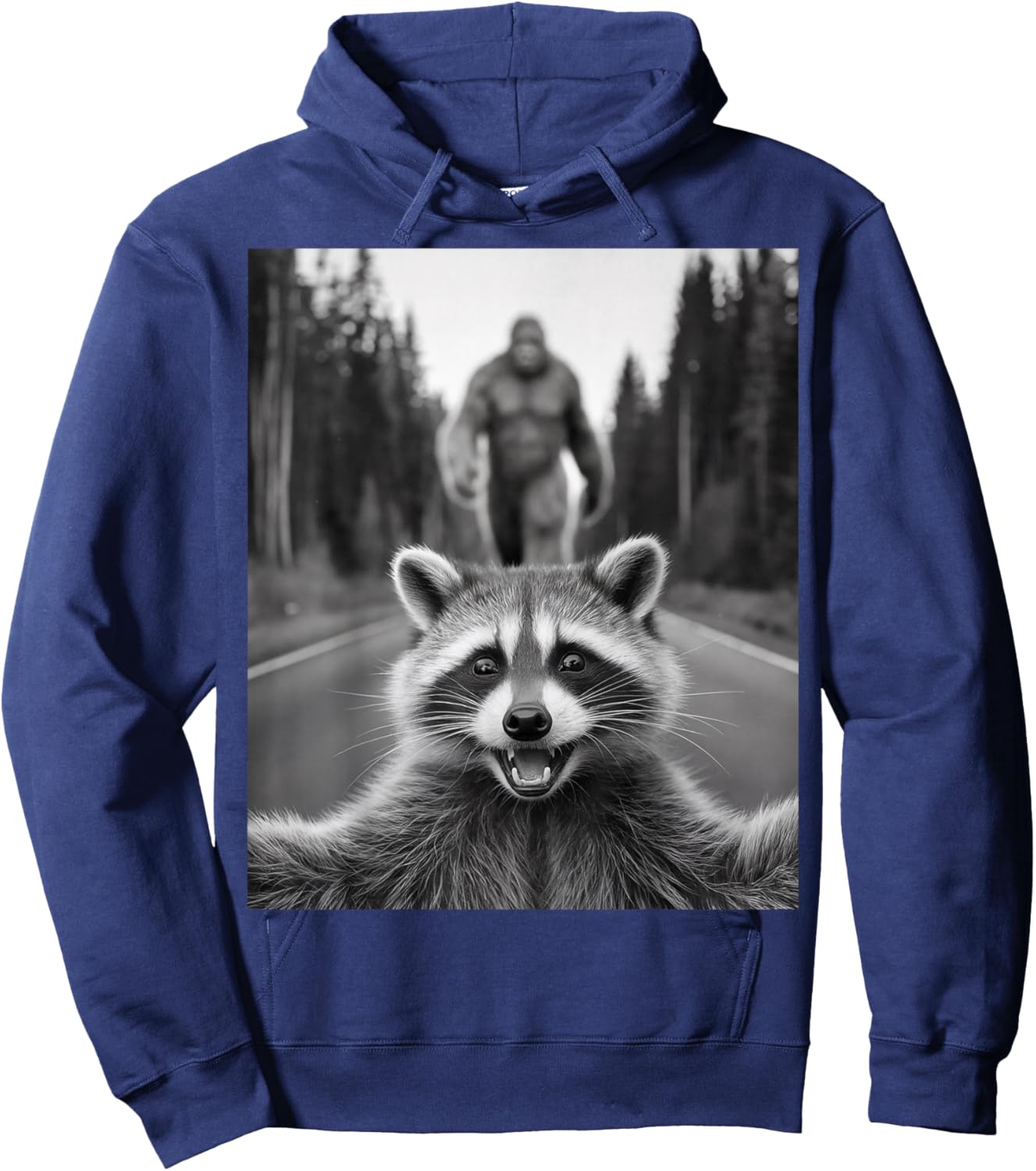 Scared Raccoon Selfie With Sasquatch Bigfoot , Funny Raccoon Hoodie - Hoodie | Navy