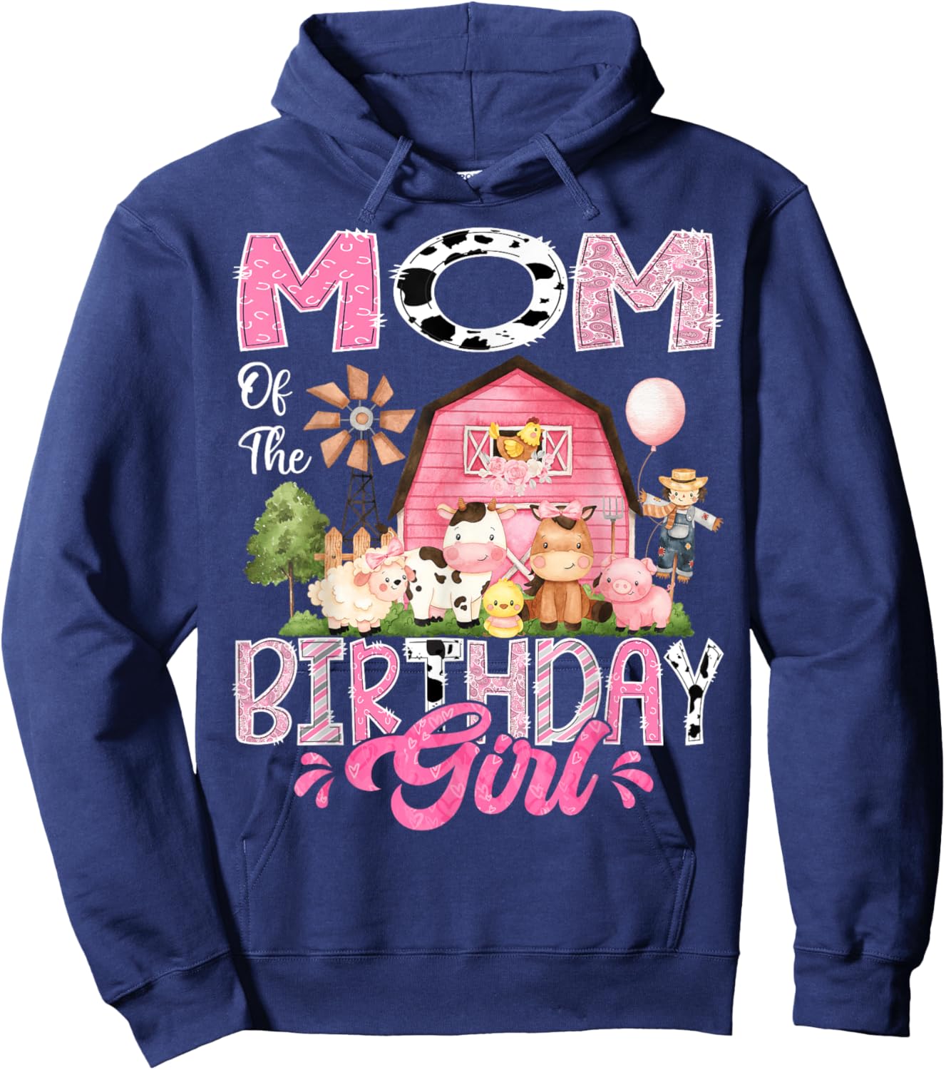 Mom Of The Birthday Girl Pink Farm Cow First Birthday Hoodie - Hoodie | Navy