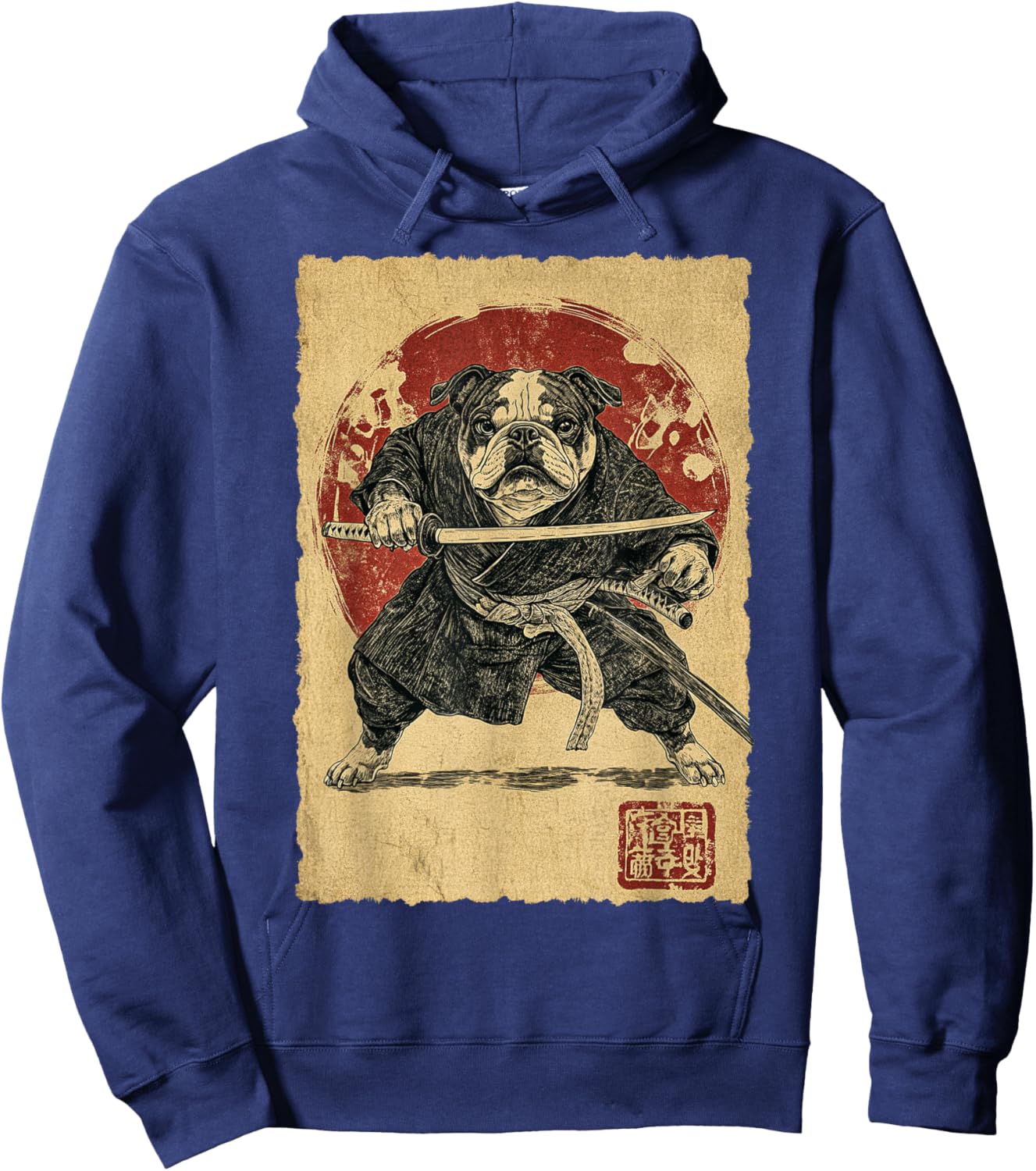 Funny Vintage Japanese Art Bulldog Ninja Samurai Warrior Men Women Girls Kids Hoodie - Hoodie | Navy